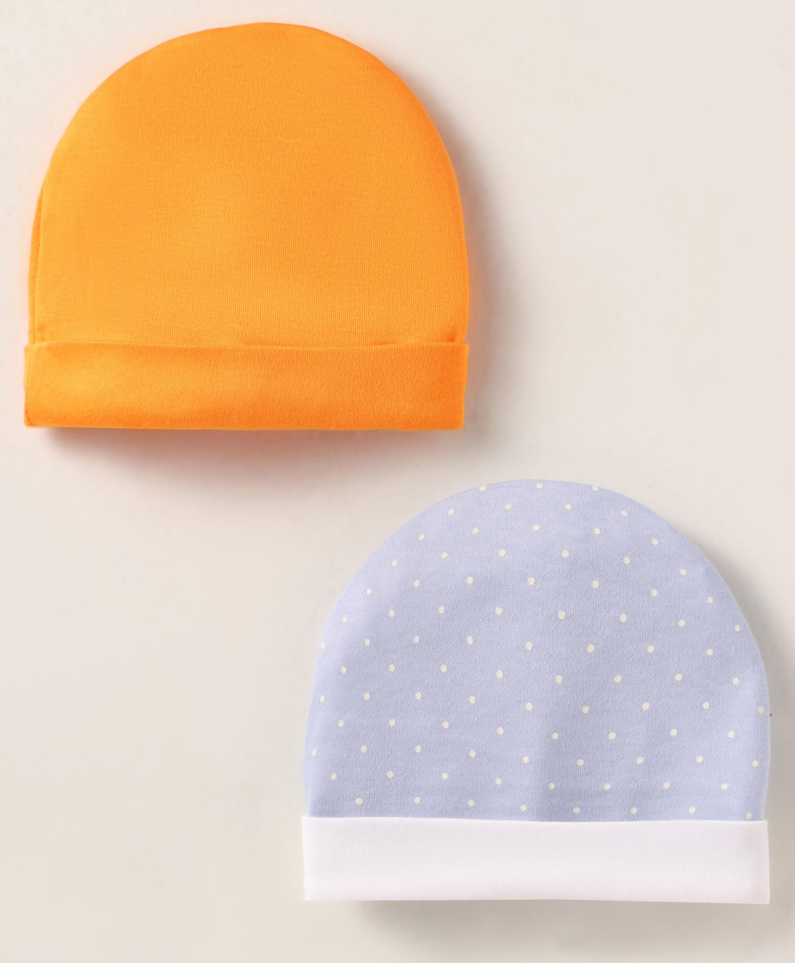 ben benny interlock knit caps with polka dot prints pack of 2 light blue & orange - diameter 10 cm
