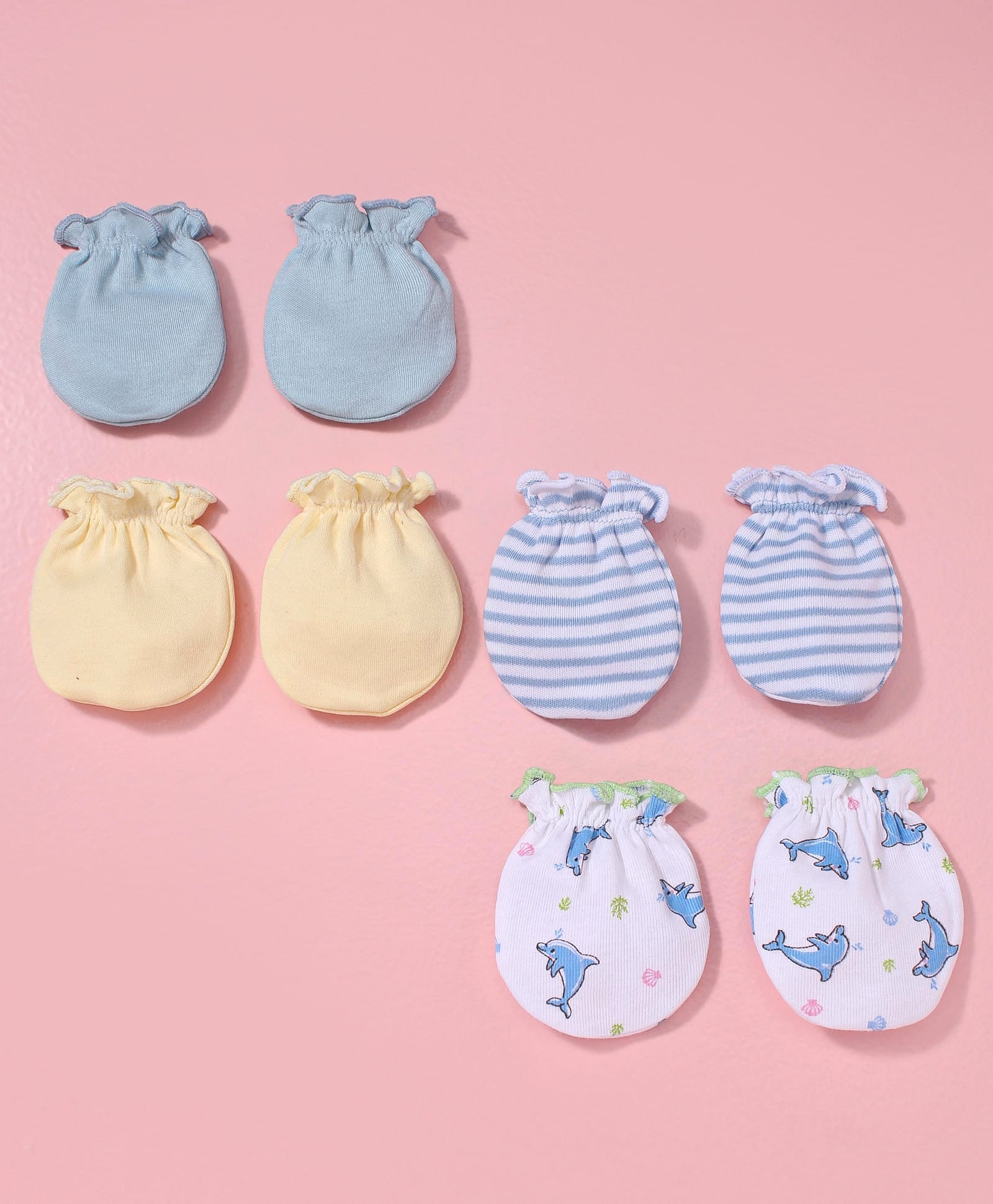 Ben Benny Interlock Knit Mittens with Solid Strips & Dolphin Design Pack of 4 - Peach & Blue-picture-14