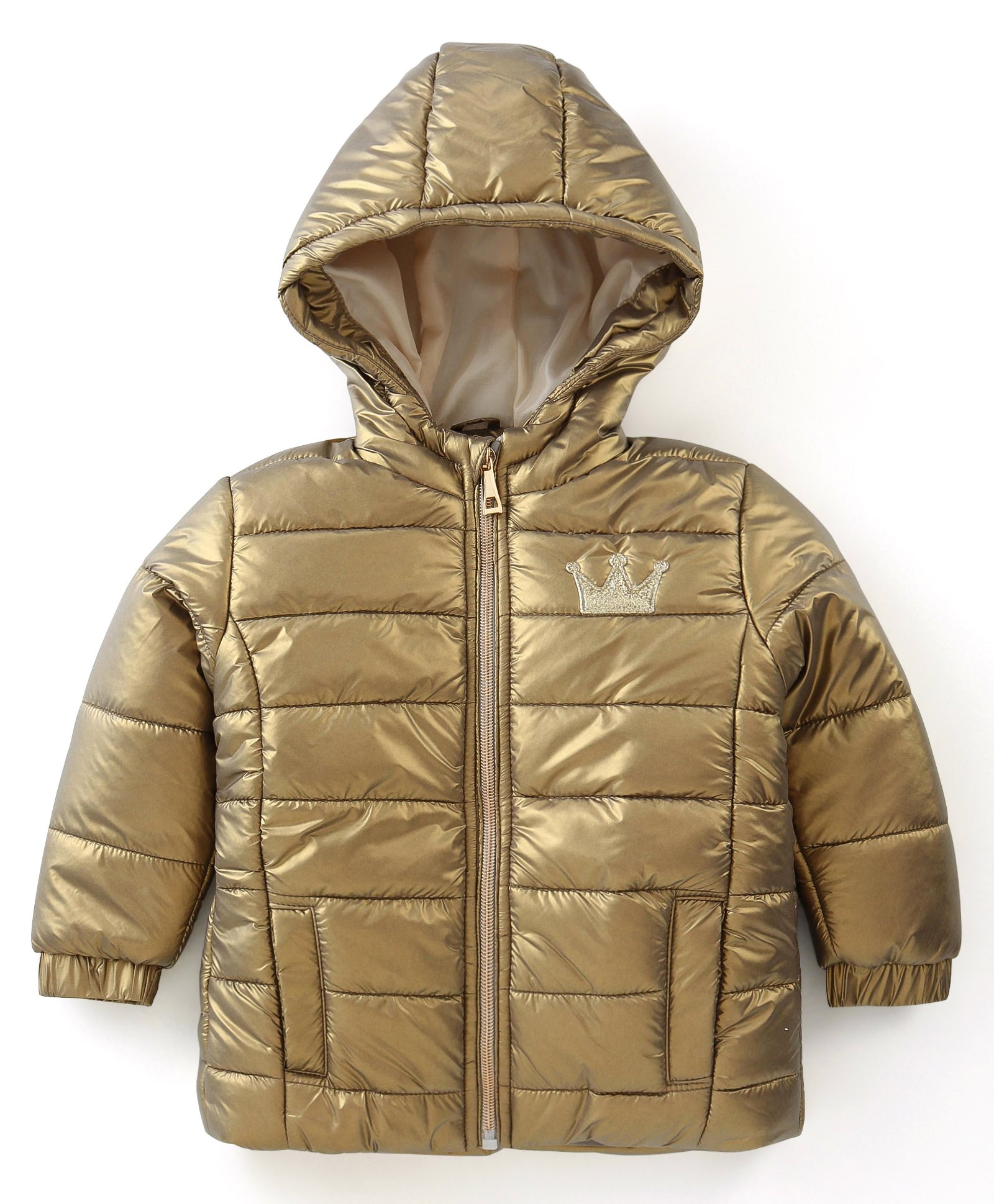 Babyhug Full Sleeves Hooded Winter Jacket with Crown Patch - Golden-image-38