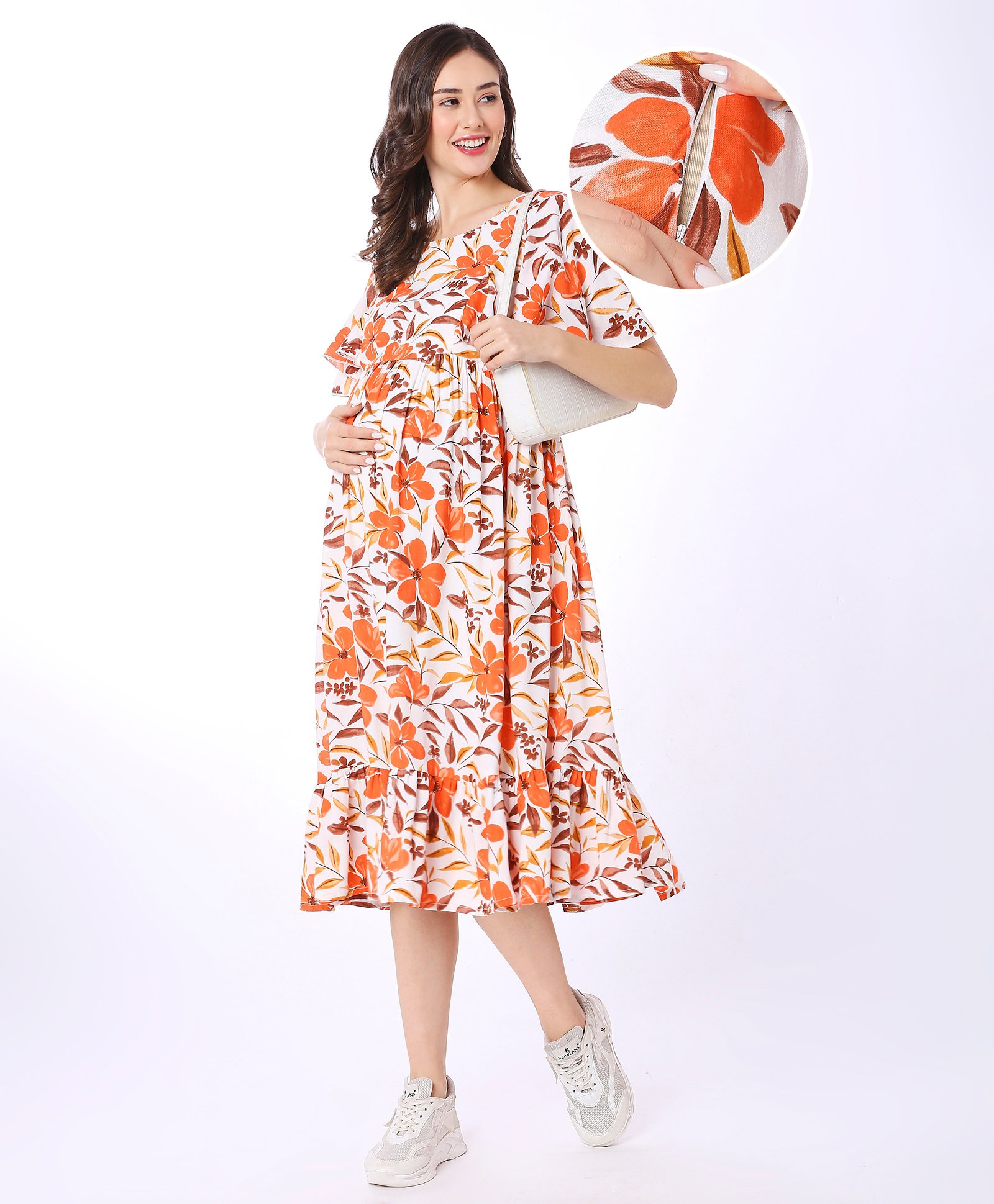Bella Mama Women Flutter Sleeve Floral Printed Maternity Dress with Pocket - White-picture-29