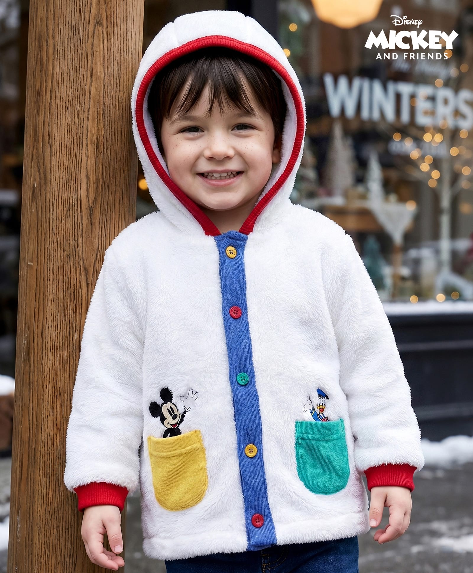 Babyhug Disney Woven Full Sleeves Hooded Fur Jacket with Mickey Mouse & Friends Patch Detailing - White-picture-25