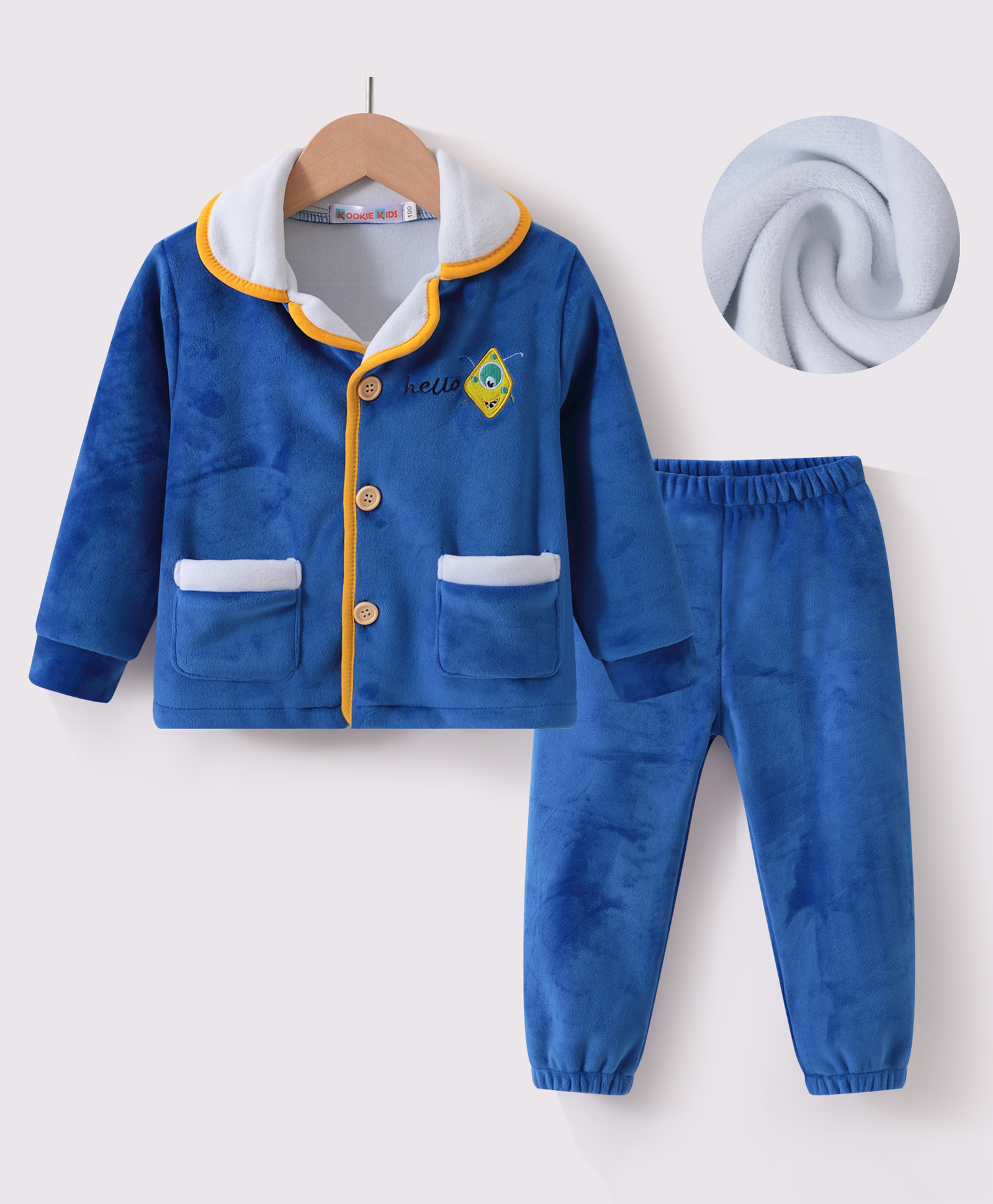 Kookie Kids Full Sleeves Winter Wear Night Suit With Patch Detailing - Blue-image-35