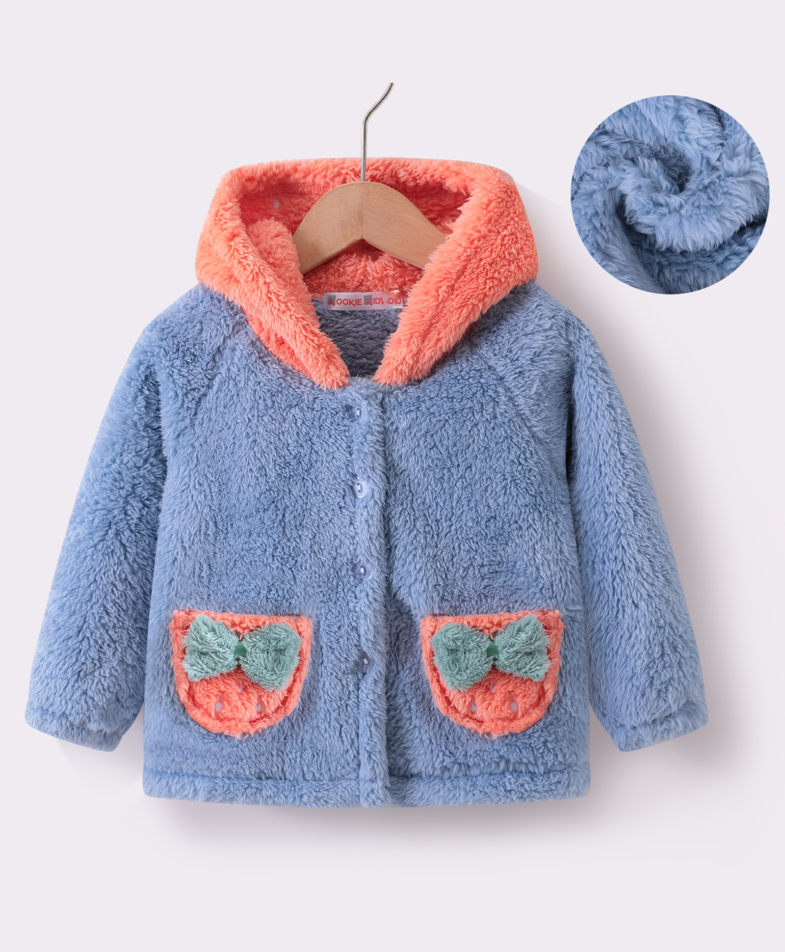 Kookie Kids Full Raglan Sleeves Hooded Fur Winter Jacket with Bow Applique - Blue-image-28
