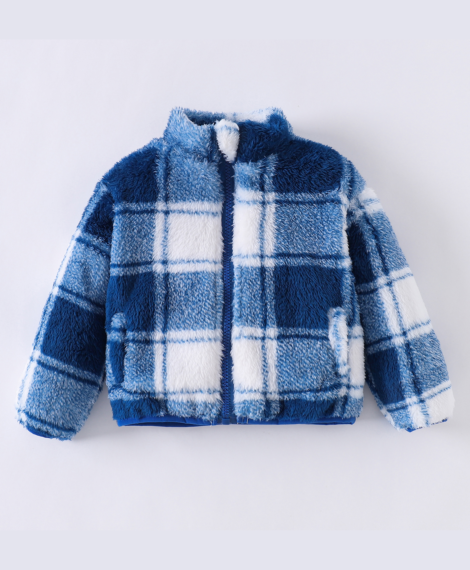 Kookie Kids Full Peasant Sleeves High Neck Checkered Winter Jacket - Blue & White-picture-15