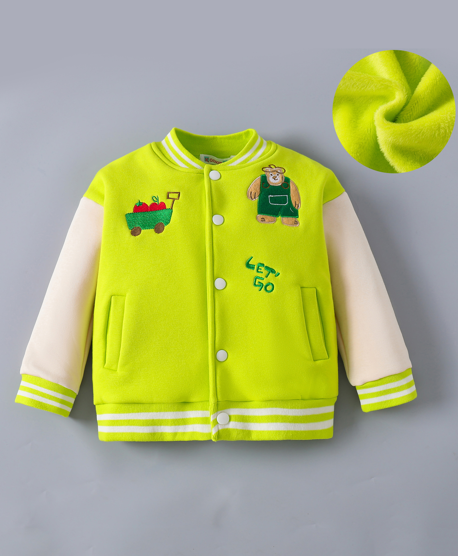 Kookie Kids Full Sleeves Bomber Jacket with Animal Embroidery - Neon Green-picture-20