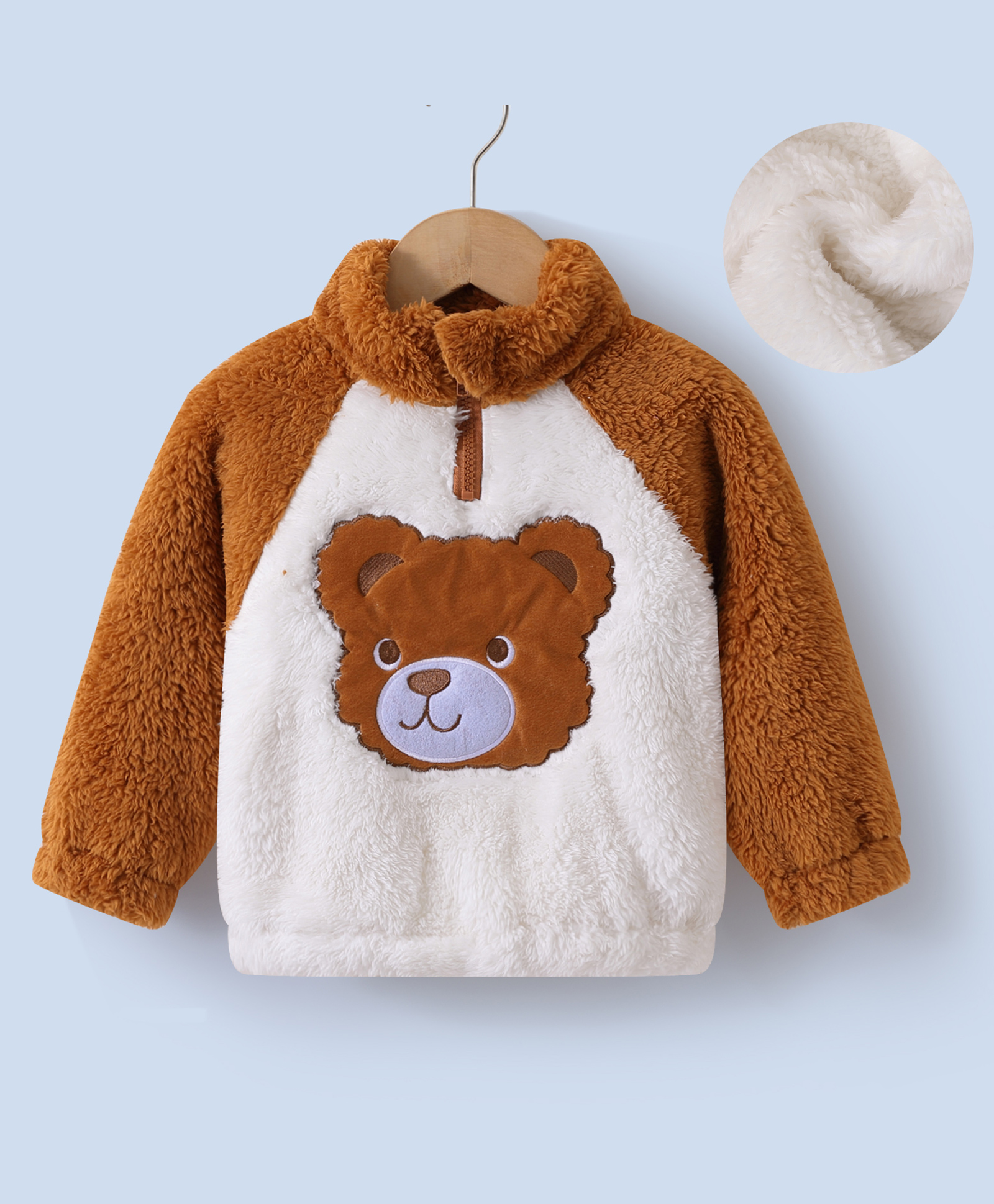 Kookie Kids Full Raglan Sleeves Fur Winter Jacket with Bear Patch - Brown-image-32