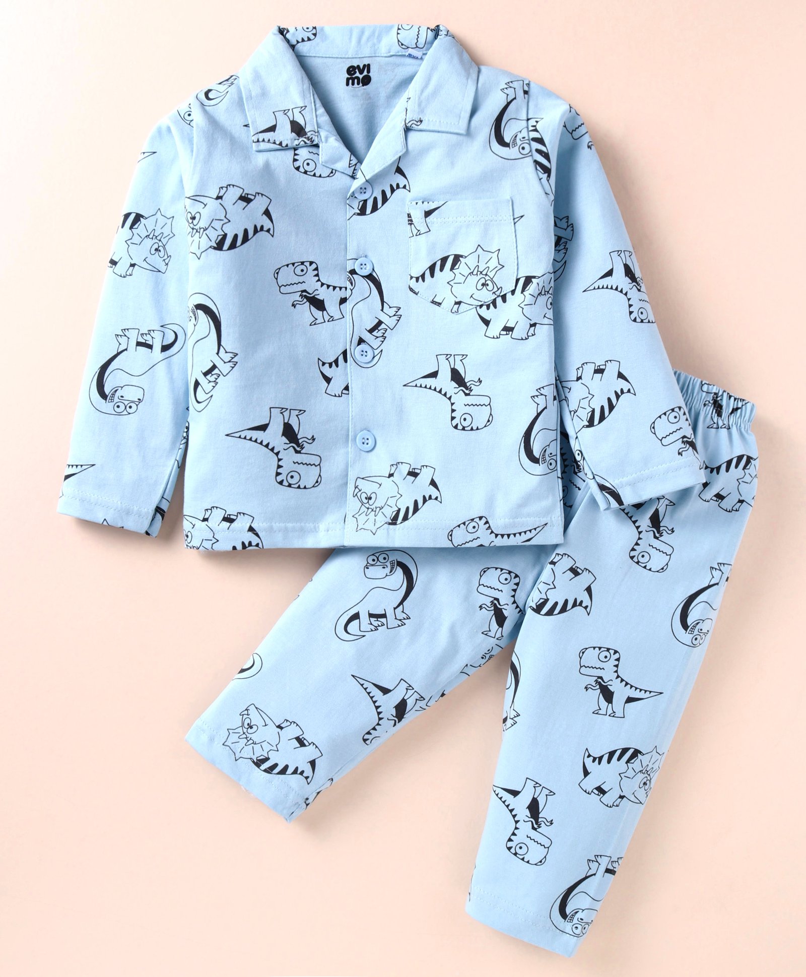 Evimo Single Jersey Knit Full Sleeves Front Open Night Suit With Dinosaurs Print - Aqua-picture-16