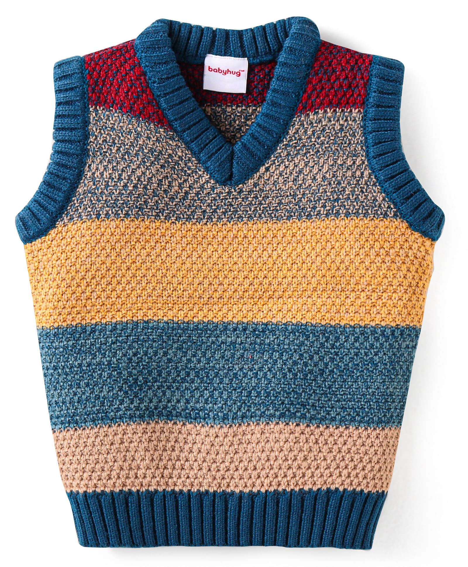 Babyhug KnittedSleeveless Striped Pullover Sweater Design - Dark Green Tan & Red-image-25