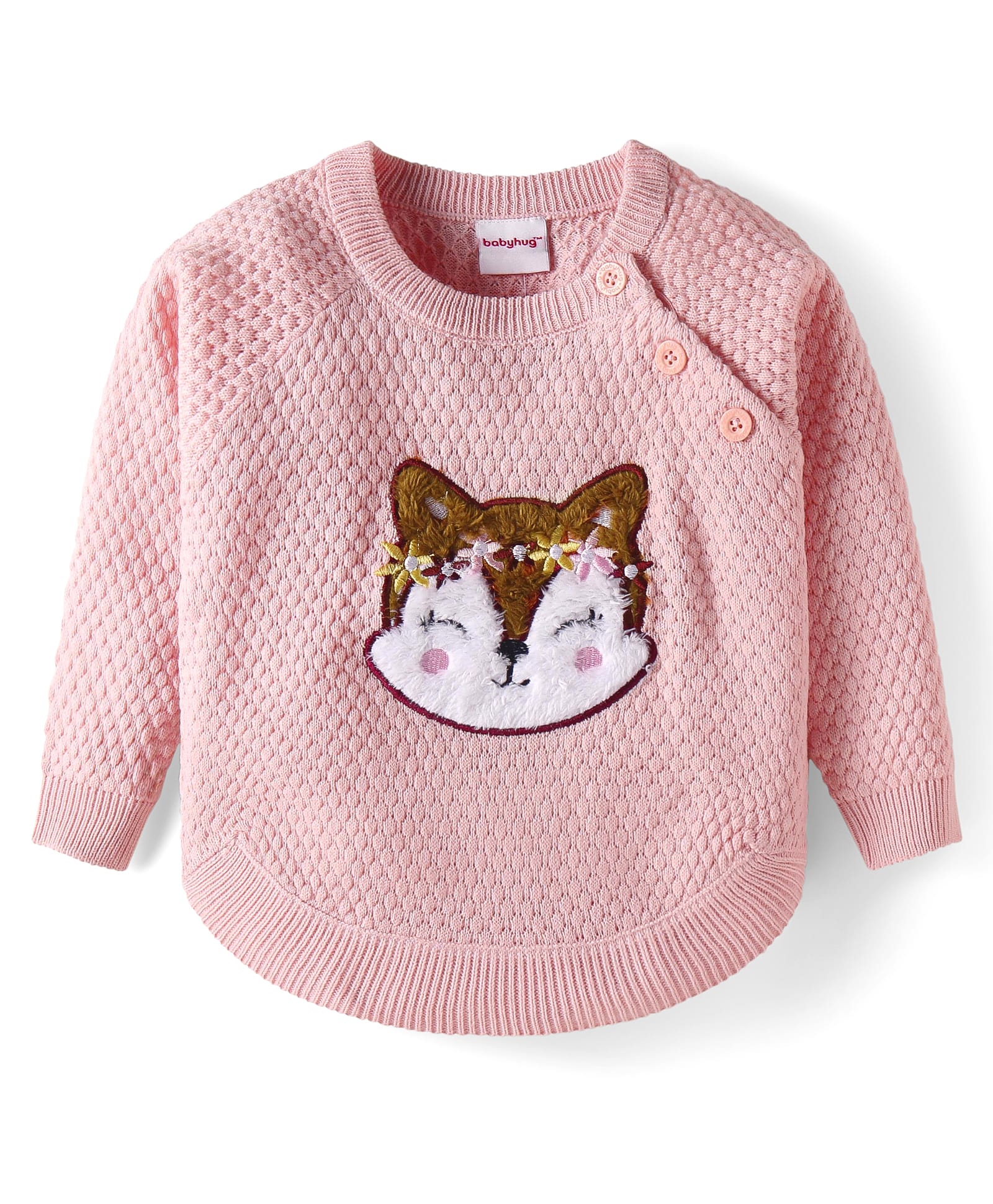Babyhug Knit Full Raglan Sleeves Sweater With Kitty Embroidery - Pink