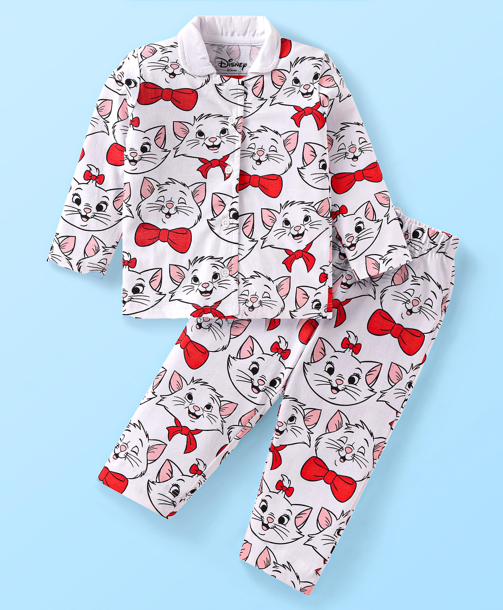 Babyhug Disney Interlock Knit Full Sleeves Night Suit With Aristocats Marie Graphics - White-image-21