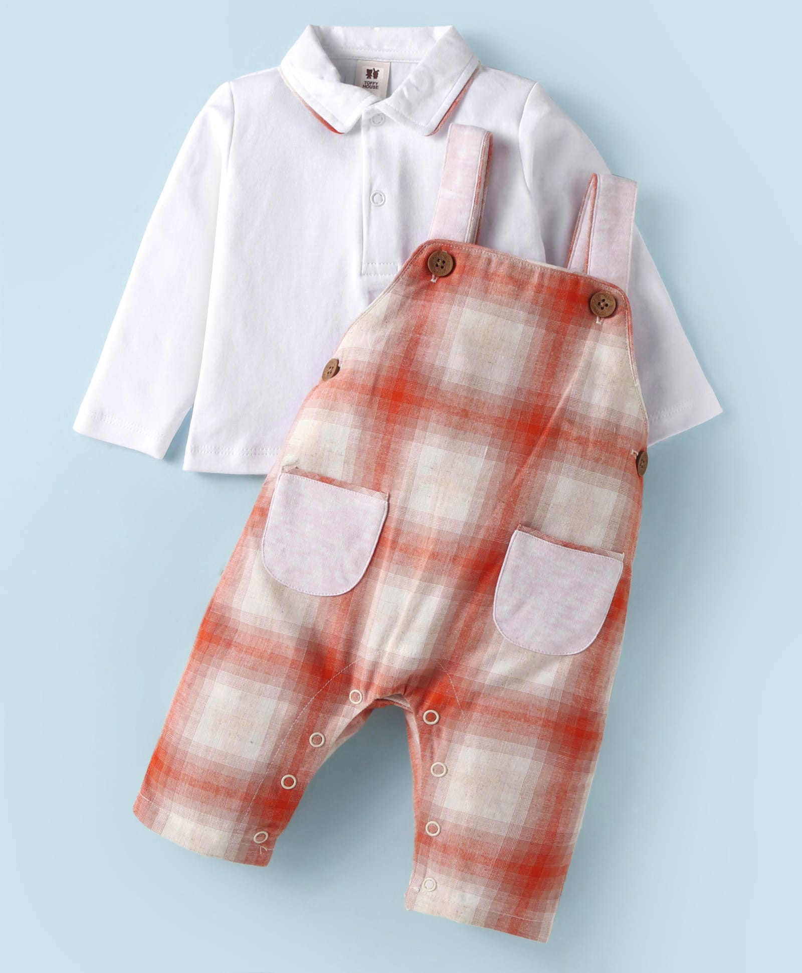 ToffyHouse Interlock Knit Solid Colour T-Shirt & Checkered Dungaree - White-image-37