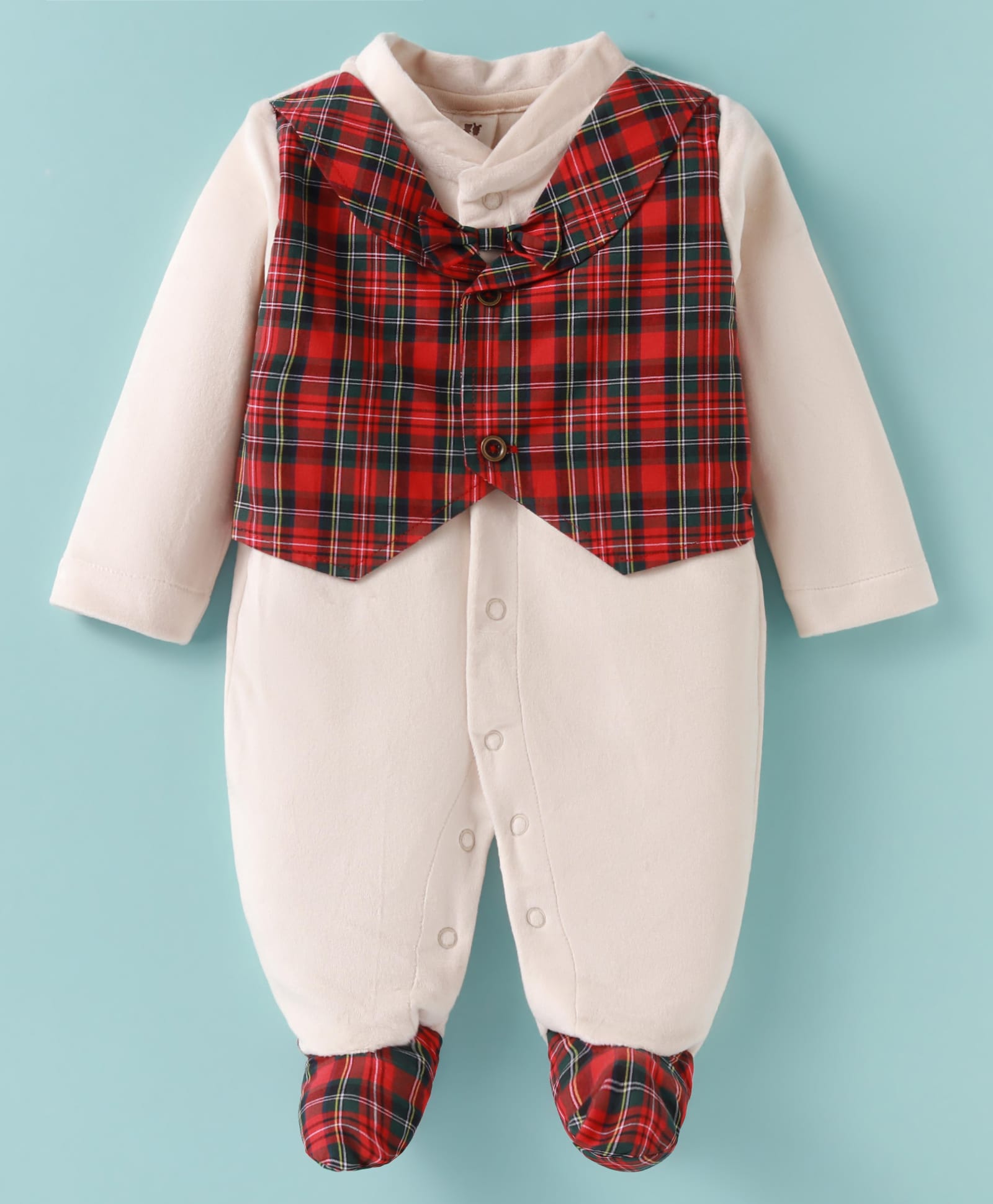 ToffyHouse Interlock Knit Full Sleeves Checkered Footed Party Romper - White & Red-picture-49