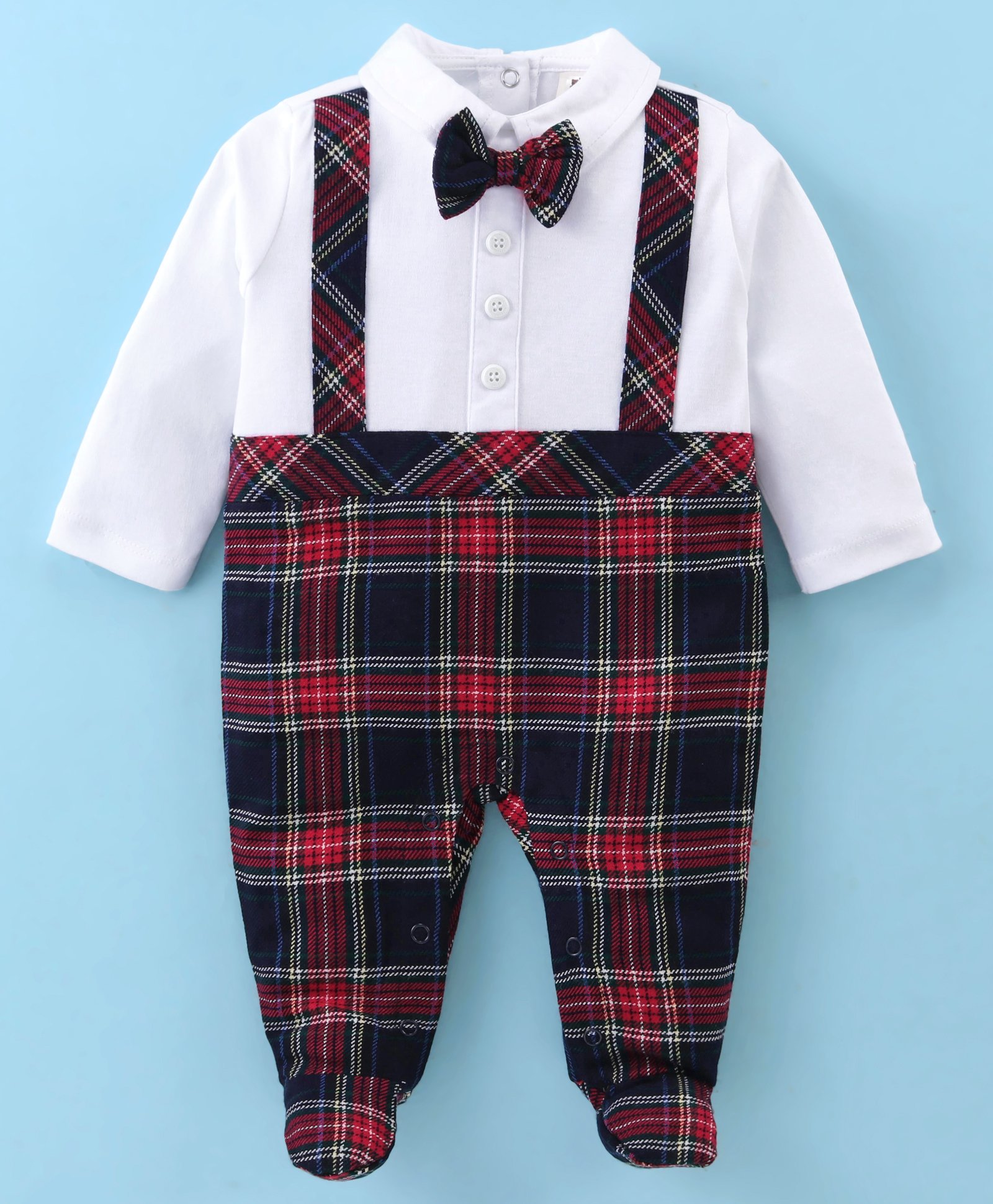 ToffyHouse Interlock Knit Full Sleeves Checkered Footed Party Romper With Bow Applique - White-image-17