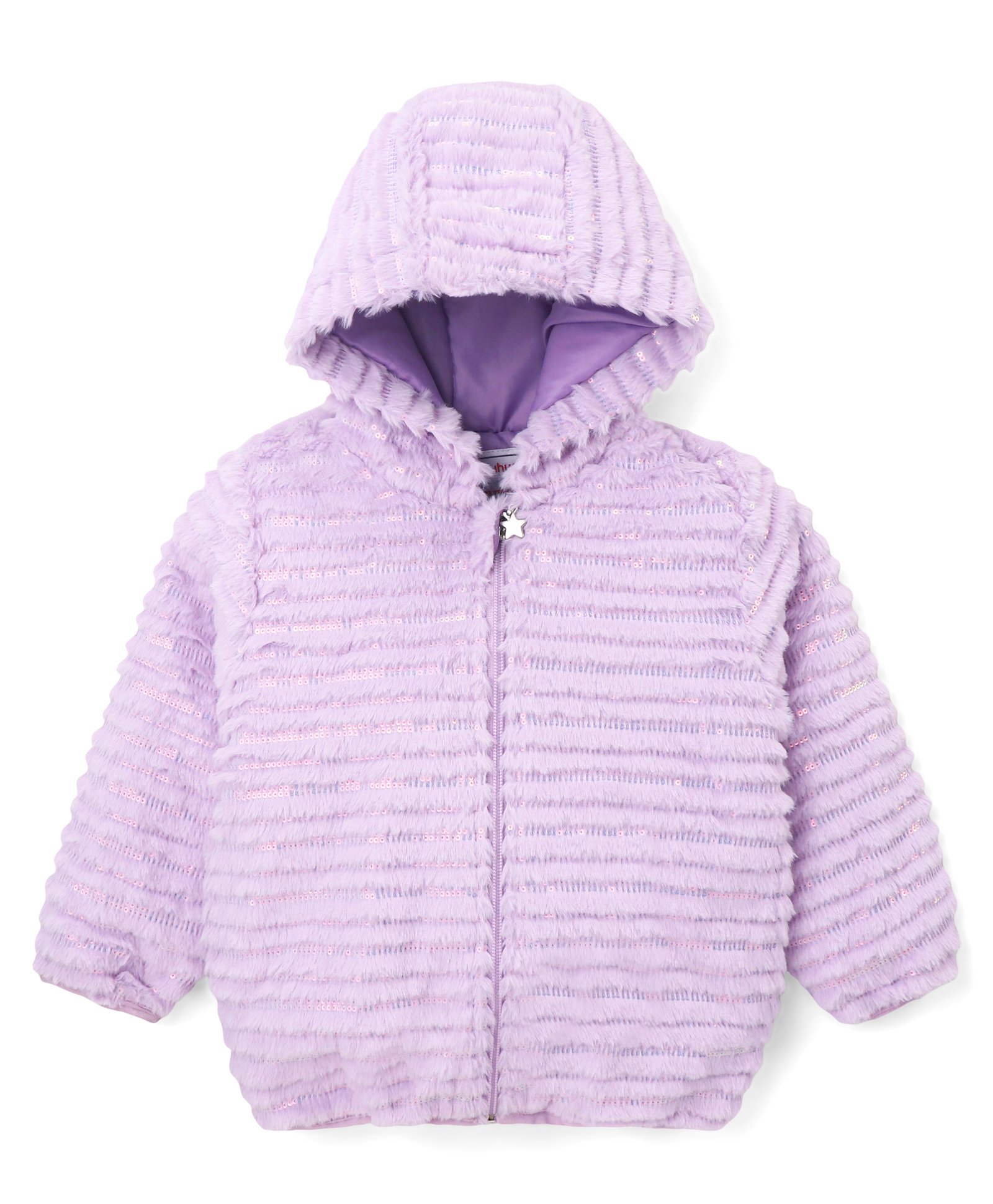 Babyhug Woven Full Sleeves Hooded Fur Winter Jacket with Solid Colour - Purple-picture-10