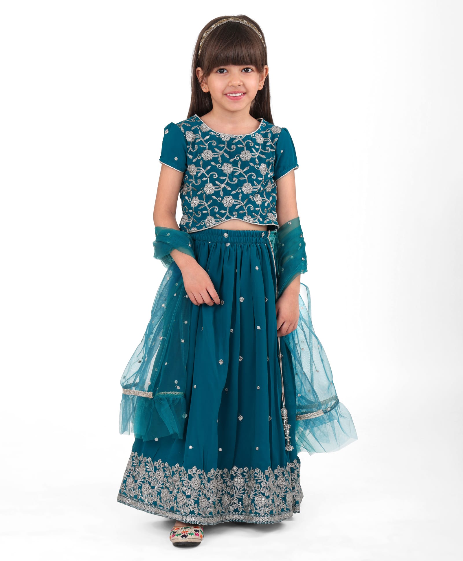 Babyhug Georgette Woven Half Sleeves Floral Embroidered Choli Lehenga Set with Dupatta & Lae Detailing - Teal Blue-image-27