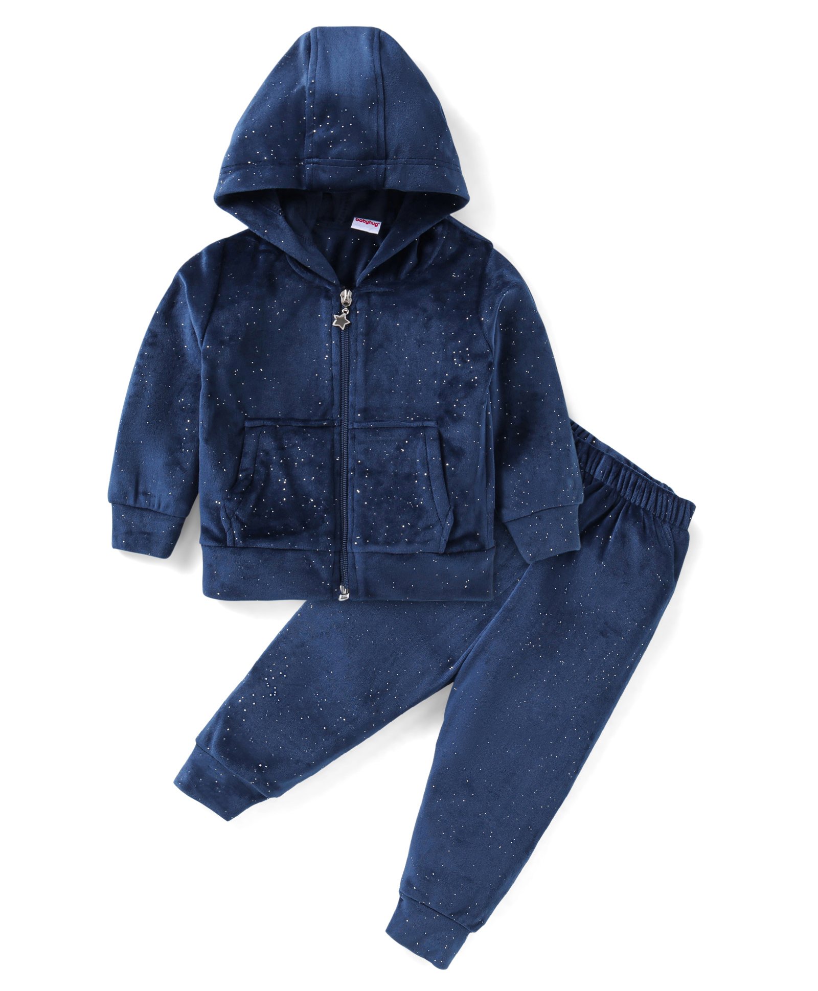 Babyhug Velour Woven Full Sleeves Hooded Winter Wear Suit with Fur& Kangaroo Pockets - Navy Blue-image-17