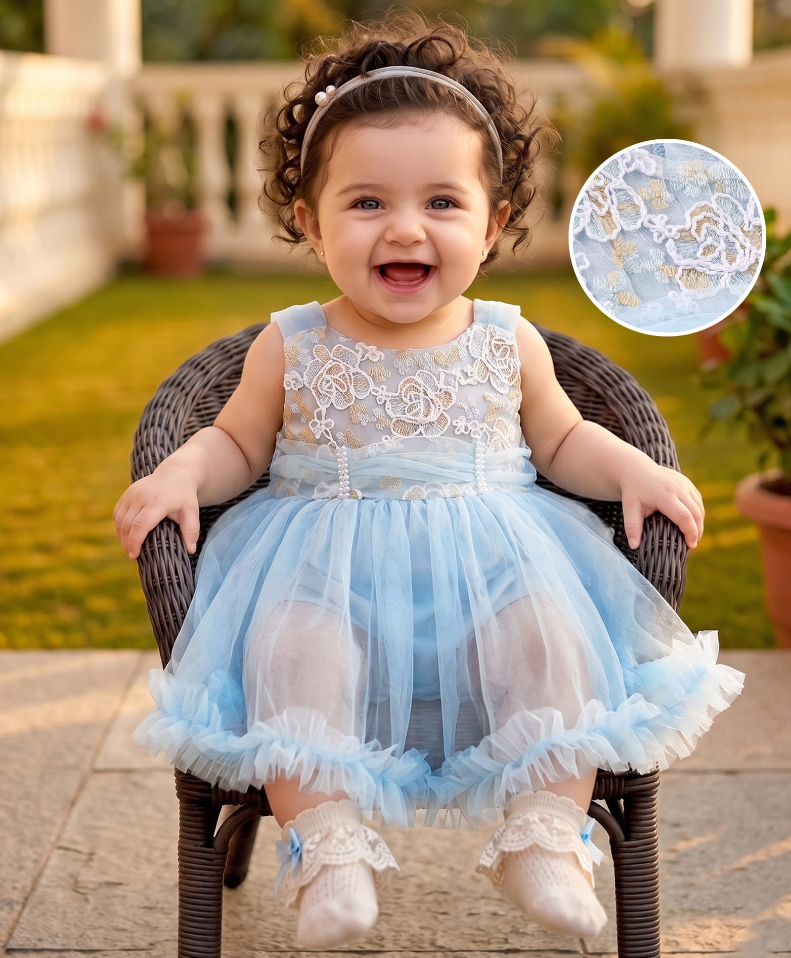 Mark & Mia Sleeveless Party Frock Style Onesie with Floral Embroidery & Pearl Detailing - Light Blue-image-38