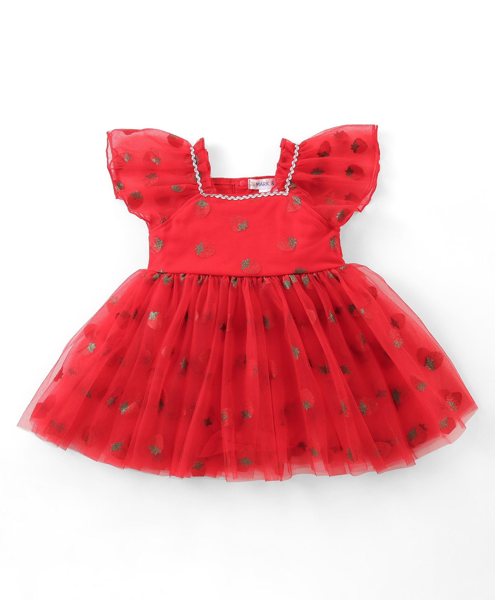 Mark & Mia Half Sleeves Strawberry Printed Party Frock Style Onesie with Lace Detailing - Red-image-15