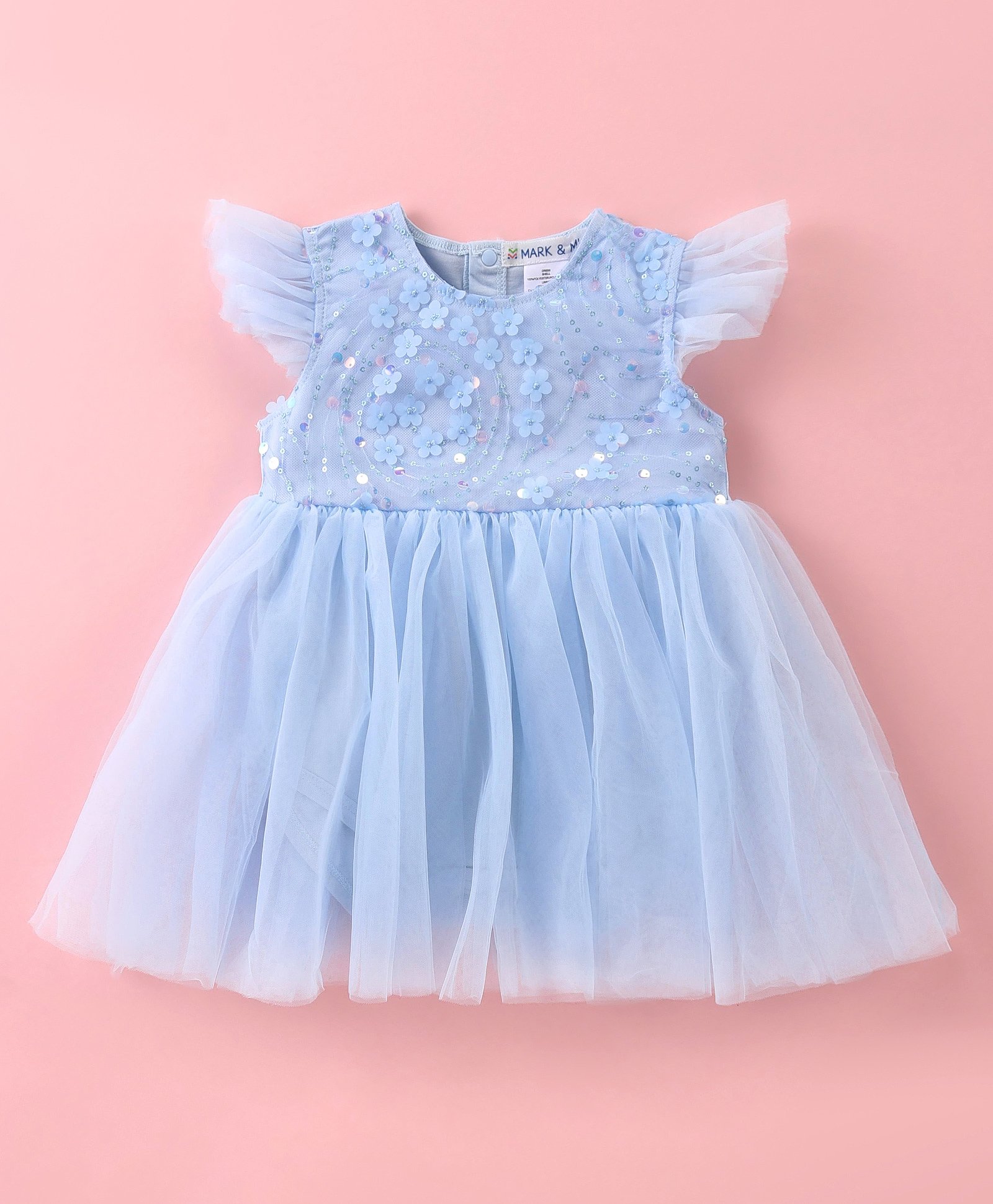 Mark & Mia Frill Sleeves Party Frock Style Onesie with Sequin Detailing - Light Blue-image-42