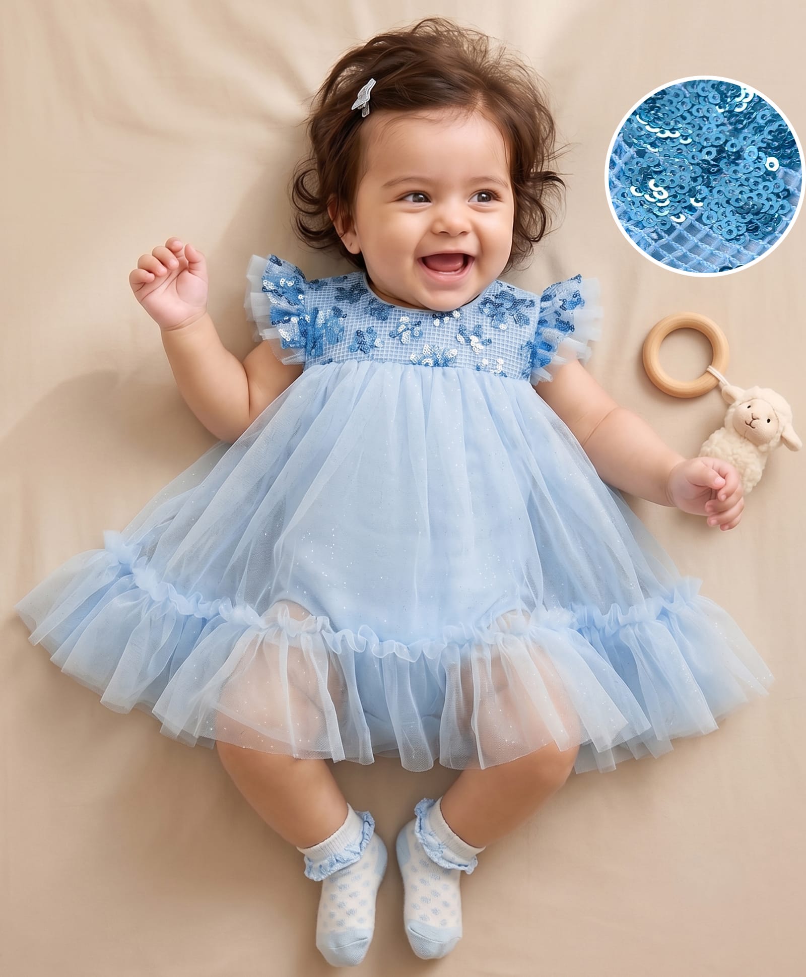 Mark & Mia Frill SleevesParty Frock Style Onesie with Floral Sequin Detailing - Light Blue-image-16