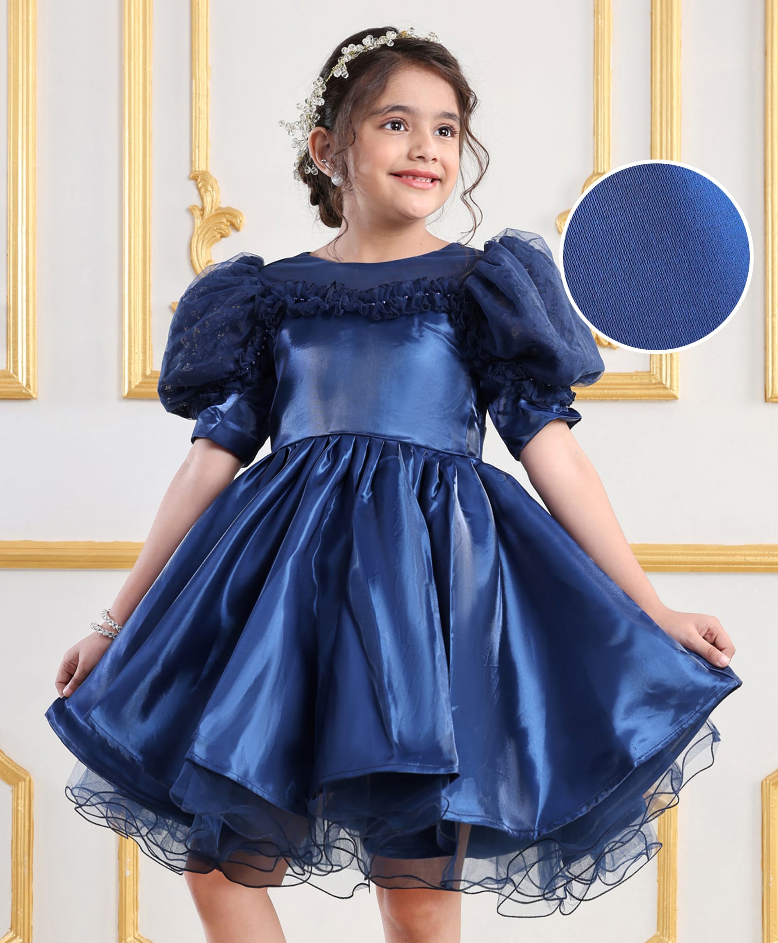 Mark & Mia Half Puffed Sleeves Solid Colour Party Frock with Pearl Detailing - Navy Blue-image-32