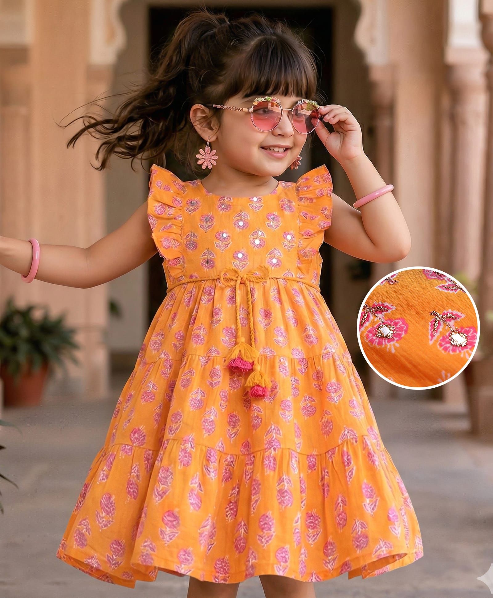 Babyhug Cotton Woven Cambric Frill Sleeves Floral Printed Ethnic Dress with Tassles & Mirror Work - Orange-image-39