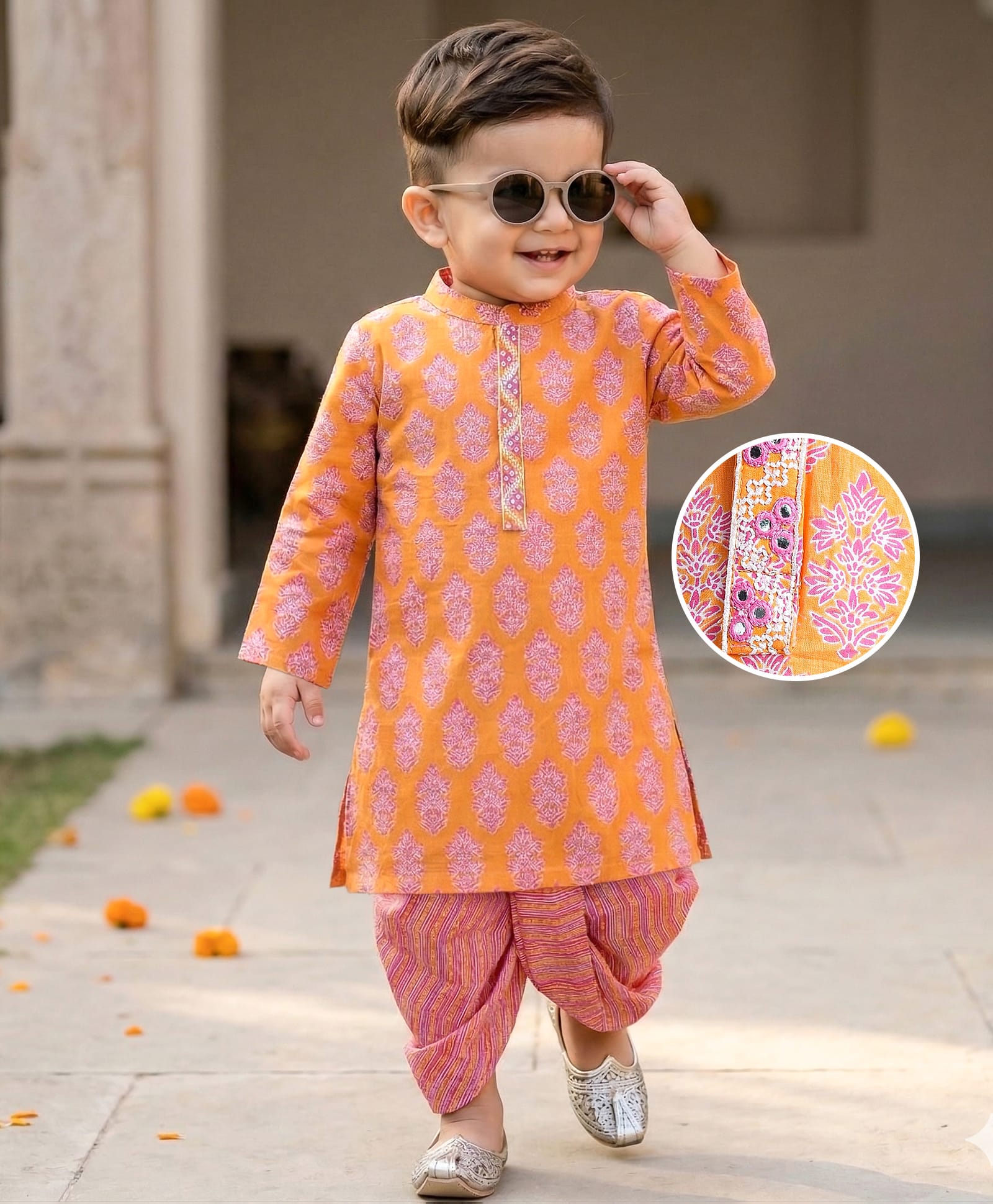 Babyhug Cotton Knit Full Sleeves Floral Printed Kurta Dhoti Set - Dark Peach-image-43