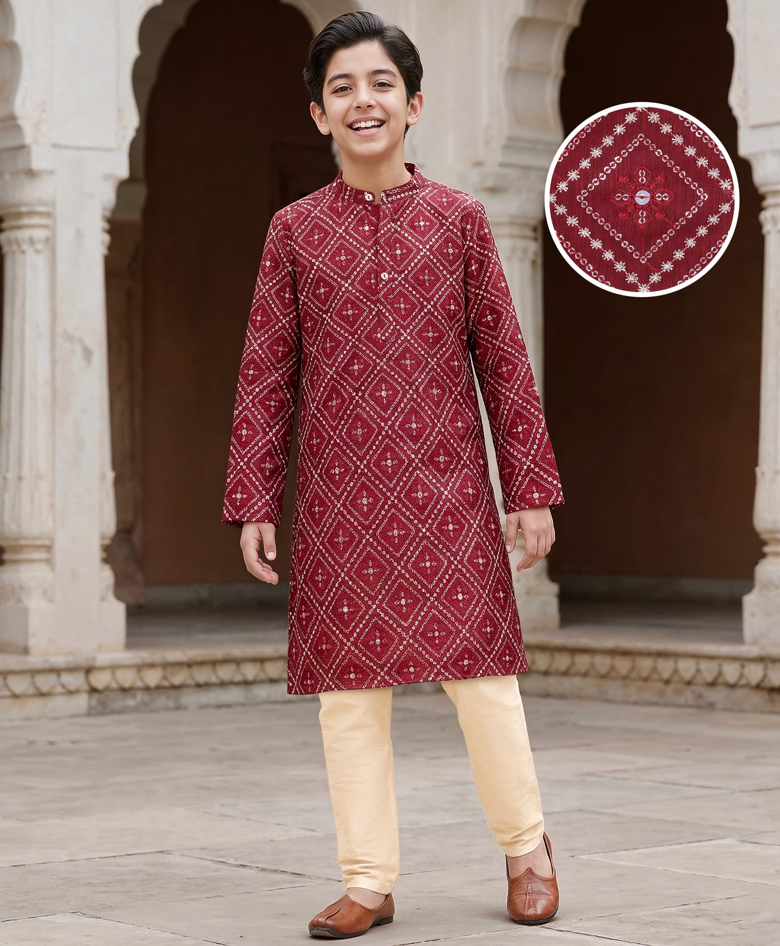 Pine Kids Woven Full Sleeves Sequinned Kurta Pyjama Set - Maroon-image-31