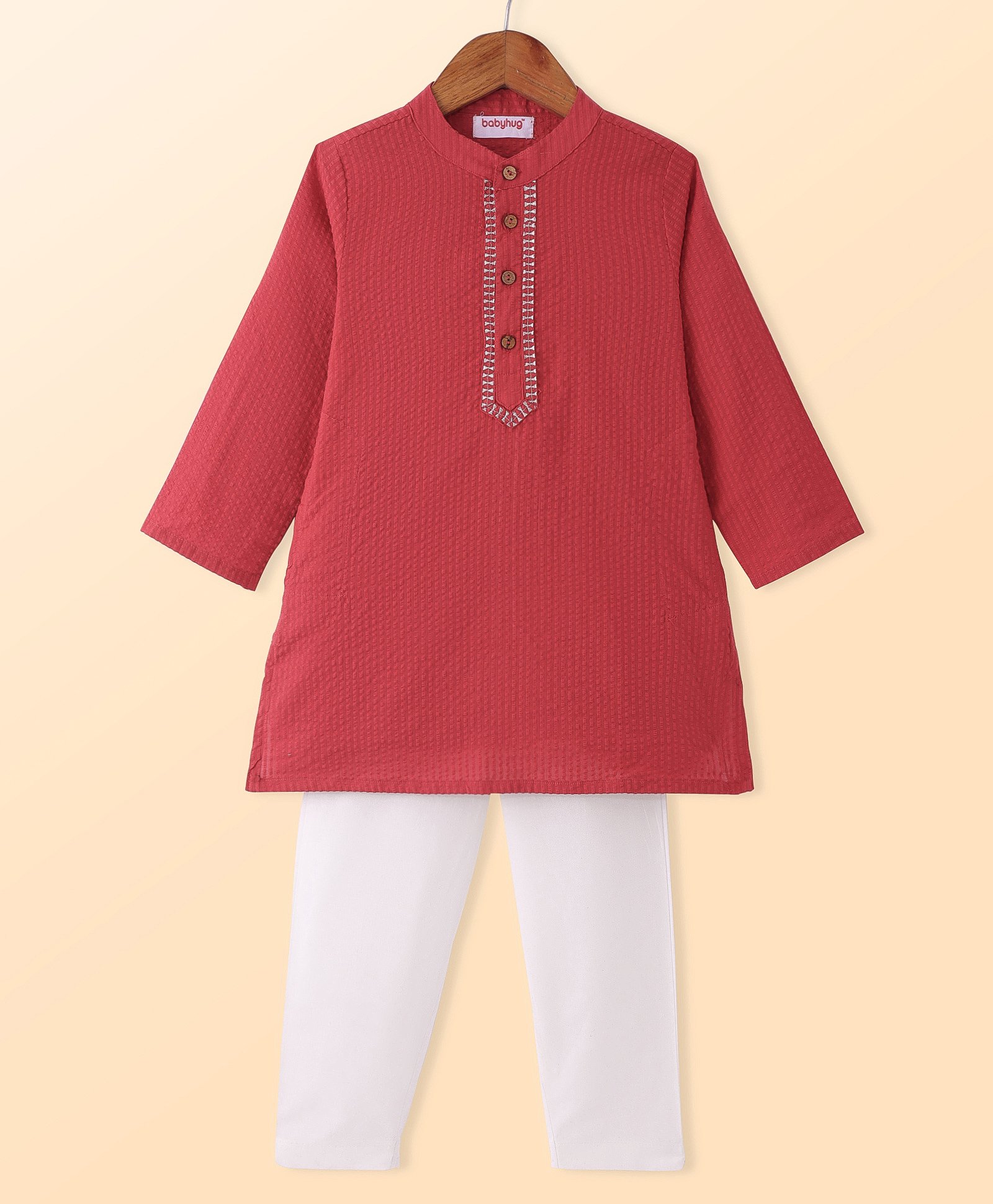 Babyhug Woven Full Sleeves Solid Colour Dobby Kurta Pyjama Set - Red-picture-33