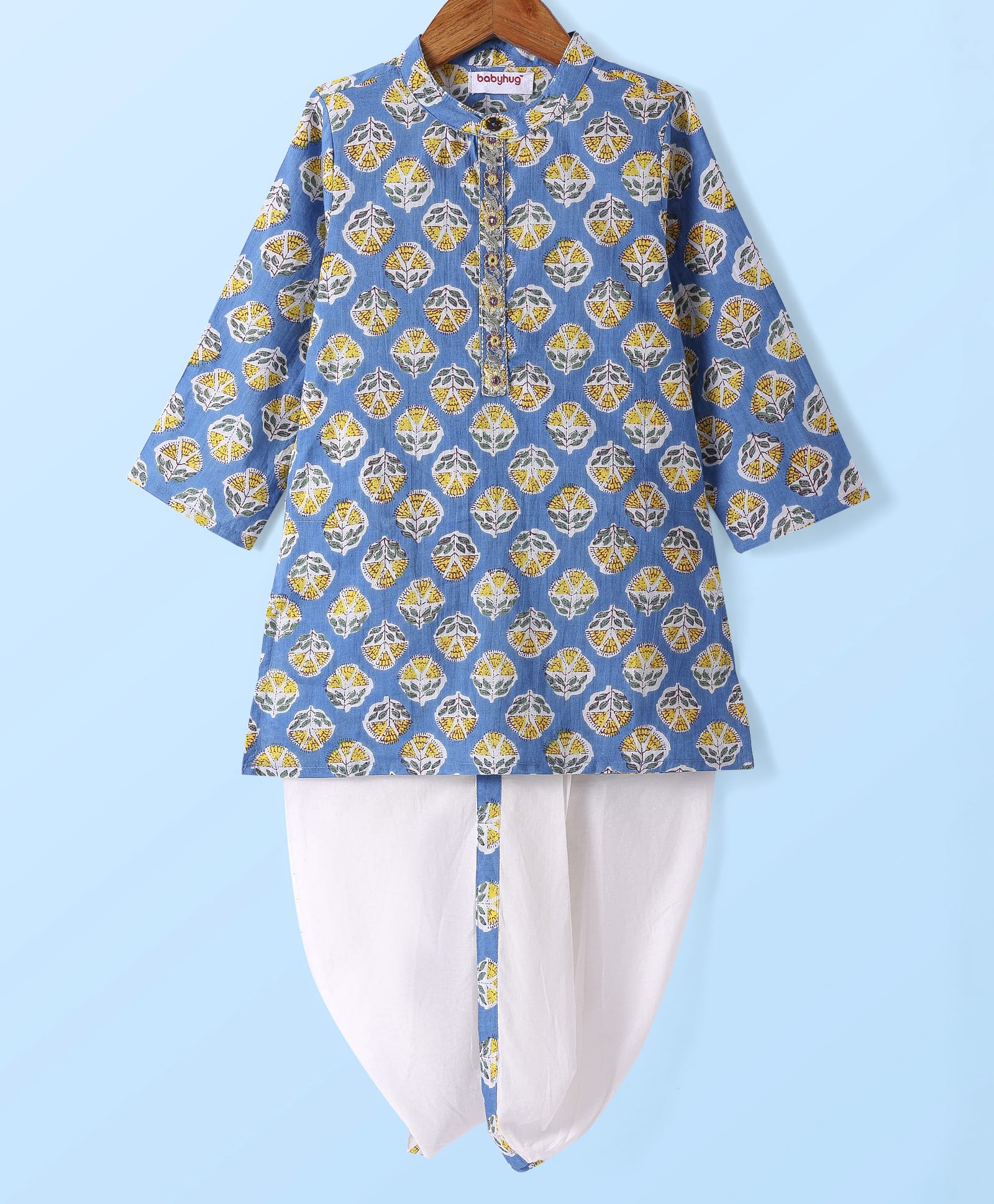 Babyhug Cotton Woven Full Sleeves Floral Printed Kurta Dhoti Set - Light Blue-picture-13