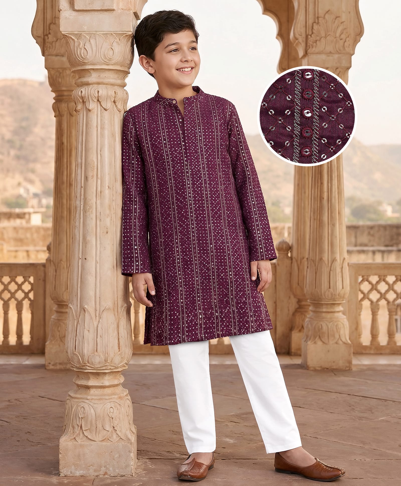 Pine Kids Woven Full Sleeves Sequin Embroidered Kurta Pyjama Set - Wine-image-28
