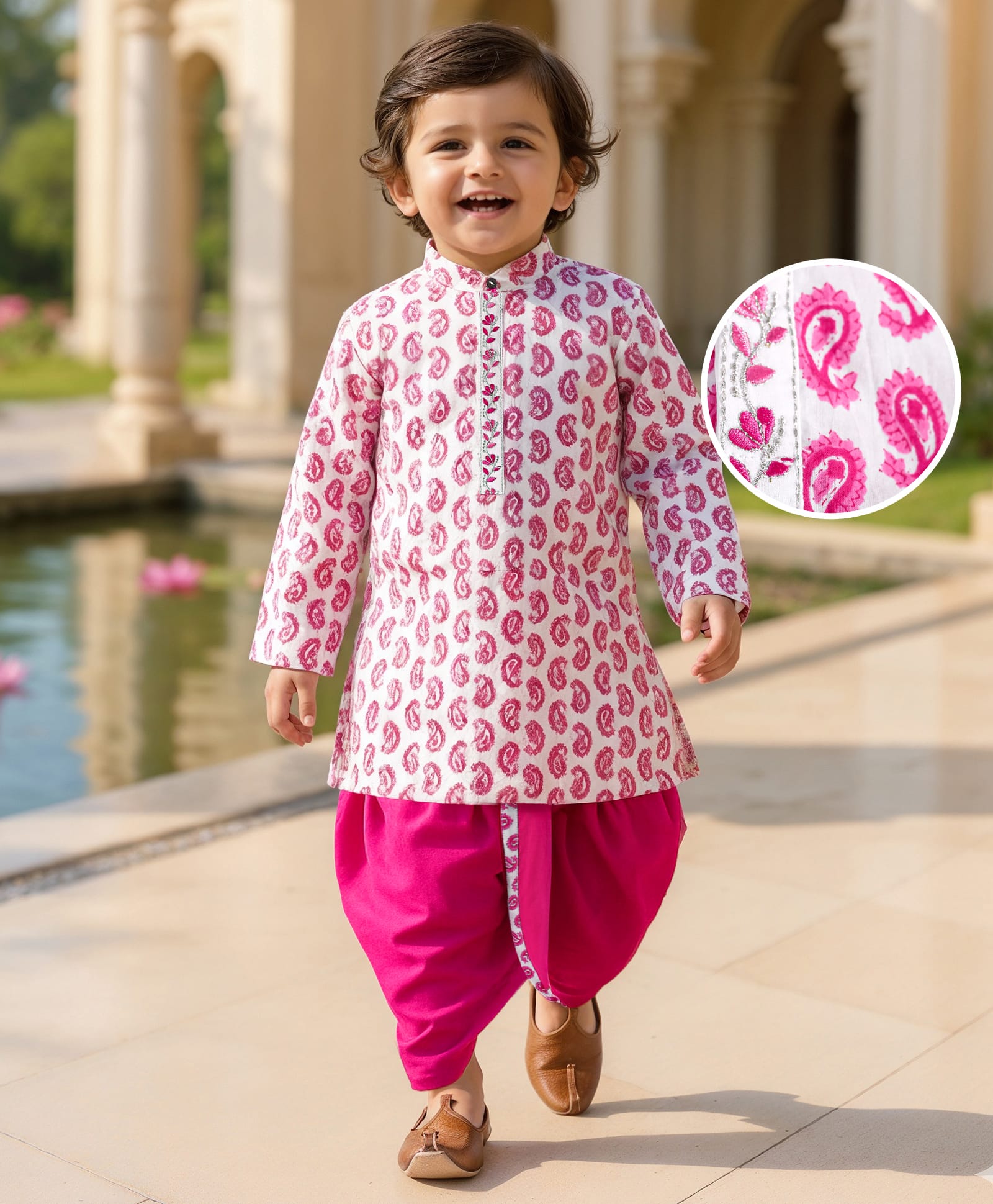 Babyhug Cotton Woven Full Sleeves Paisley Printed Kurta Dhoti Set - Pink-image-30