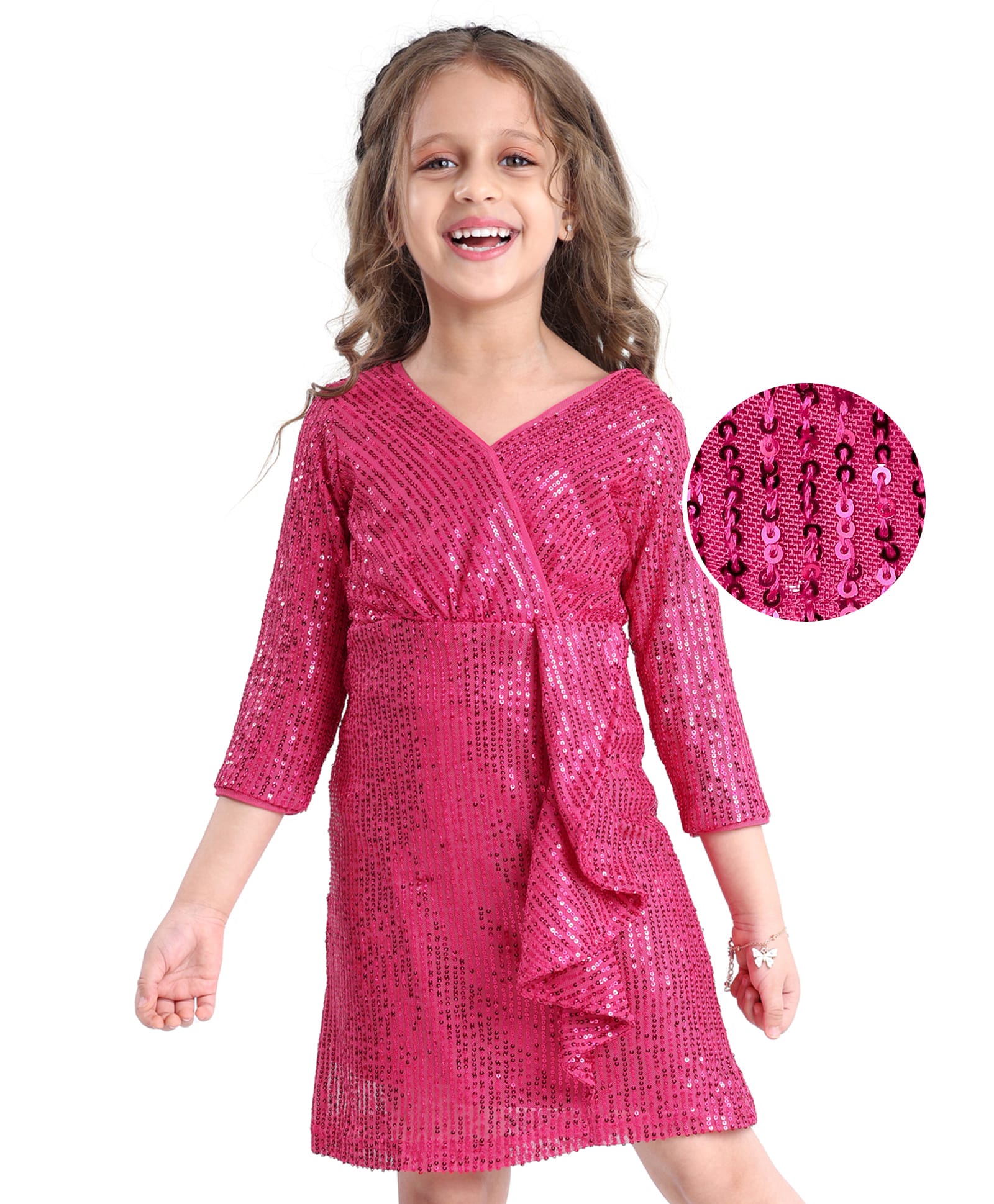 Hola Bonita Knit Full Sleeves All Over Sequined Overlapping Ruffle A Line Party Dress - Dark Pink-picture-12