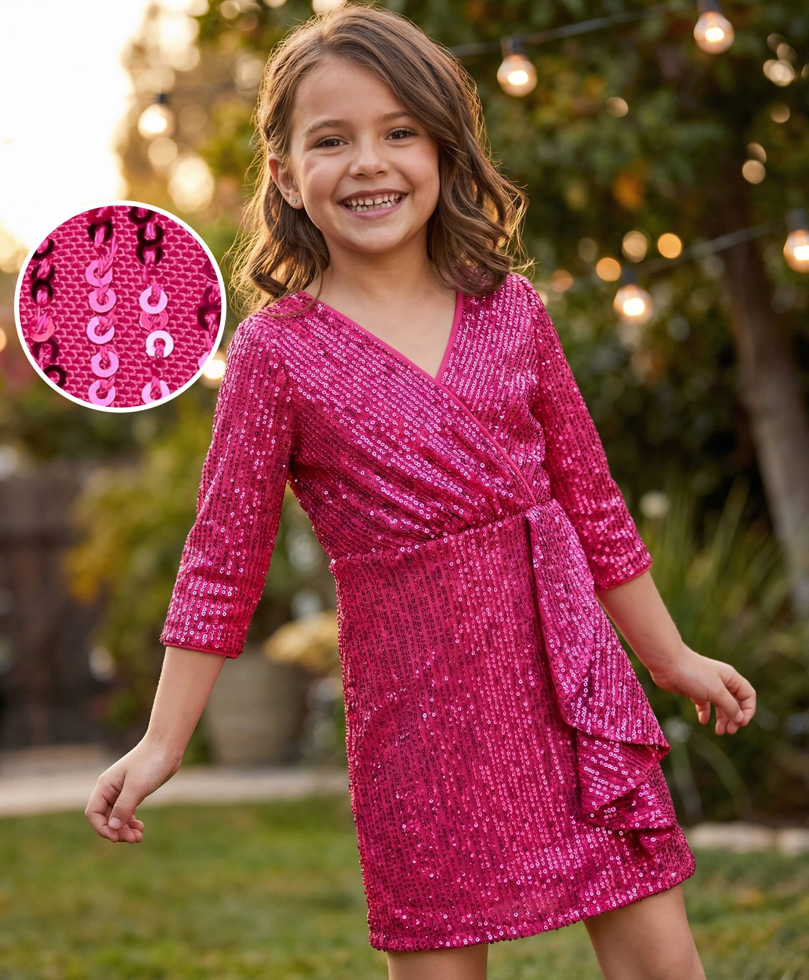 Hola Bonita Knit Full Sleeves All Over Sequined Overlapping Ruffle A Line Party Dress - Dark Pink-image-48