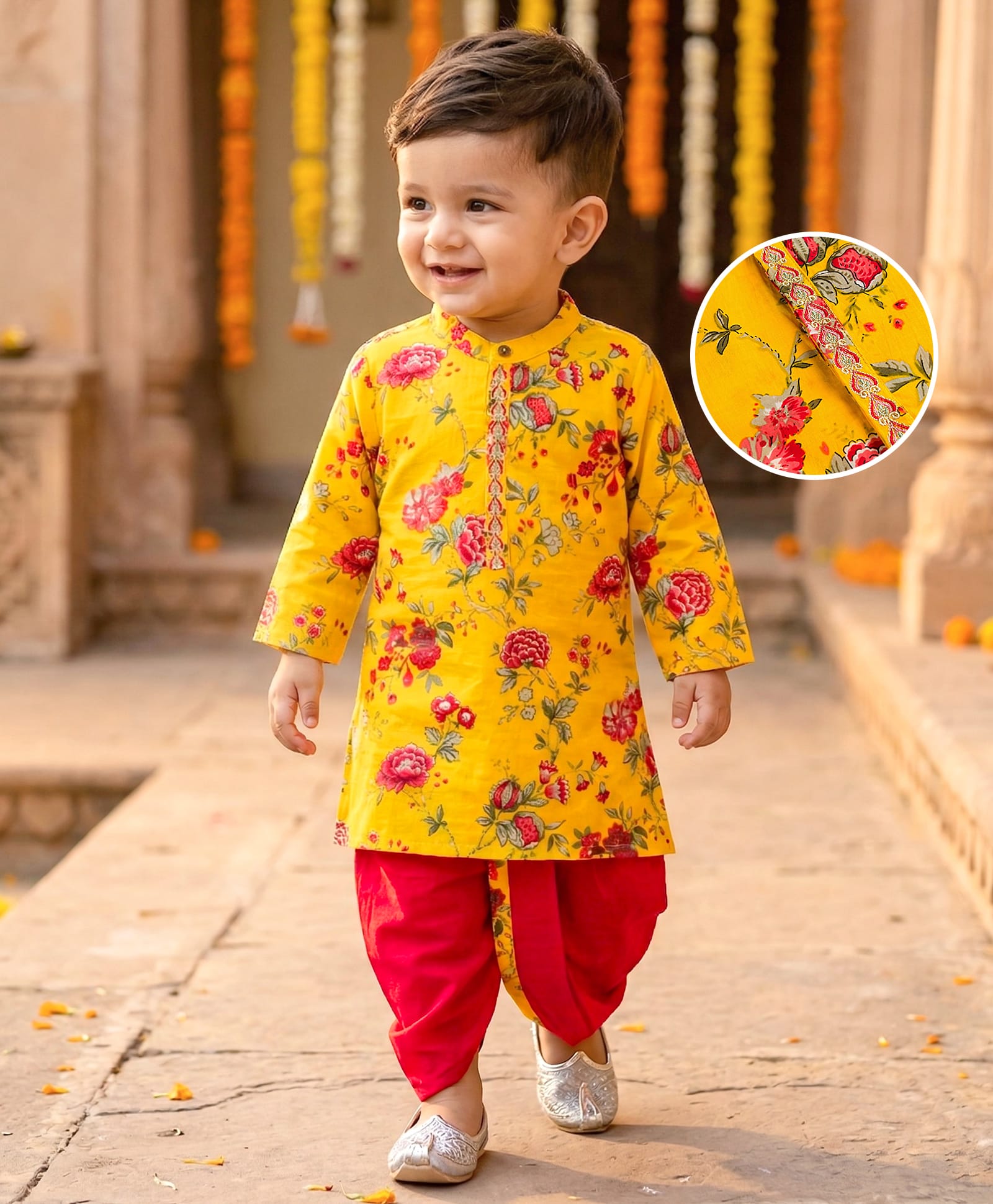 Babyhug 100% Cotton Woven Cambric Full Sleeves Floral Printed Kurta & Dhoti Set - Yellow-picture-25