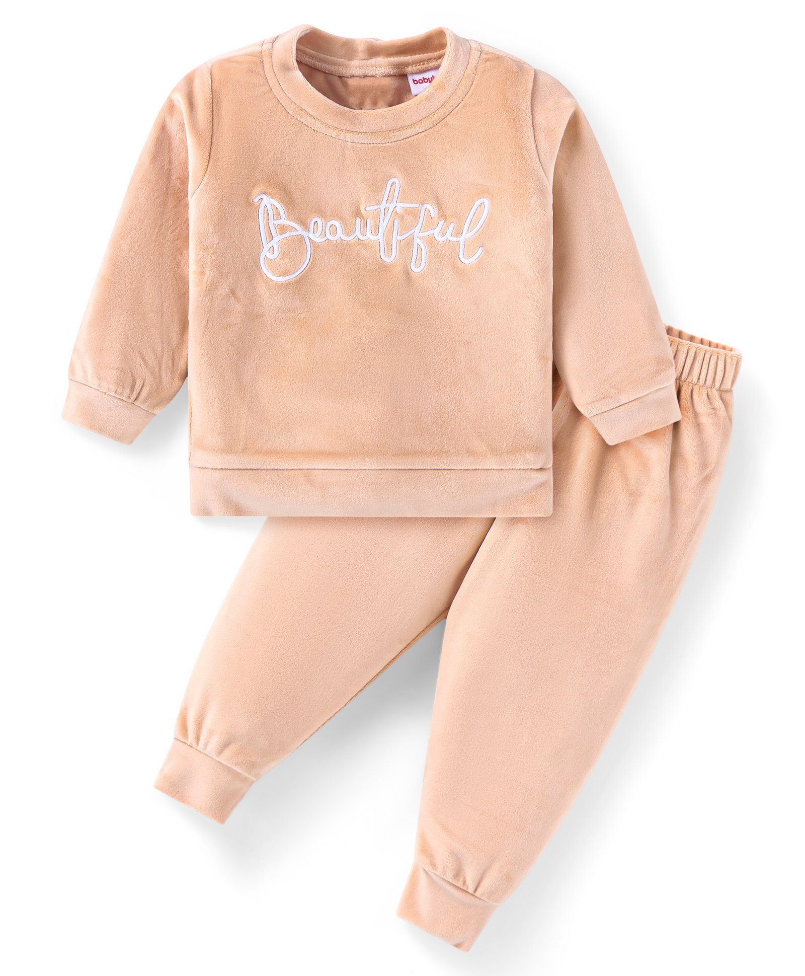 Babyhug Velour Woven Full Sleeves Winter Wear Suit With Text Embroidery - Peach-picture-20