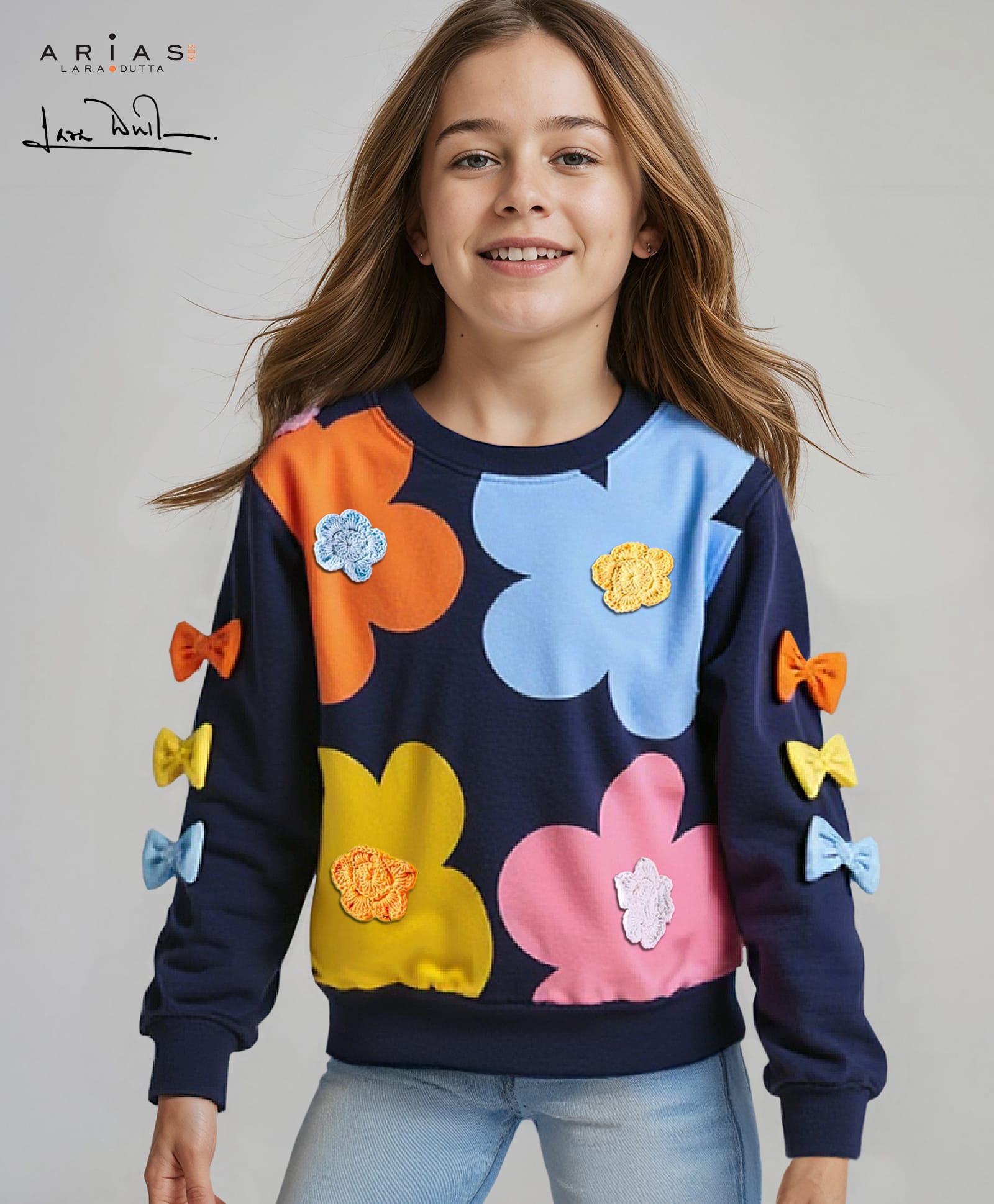 arias by lara dutta Arias Cotton Knit Full Sleeves Floral Printed Sweatshirt with Bow Applique - Navy Blue-picture-11