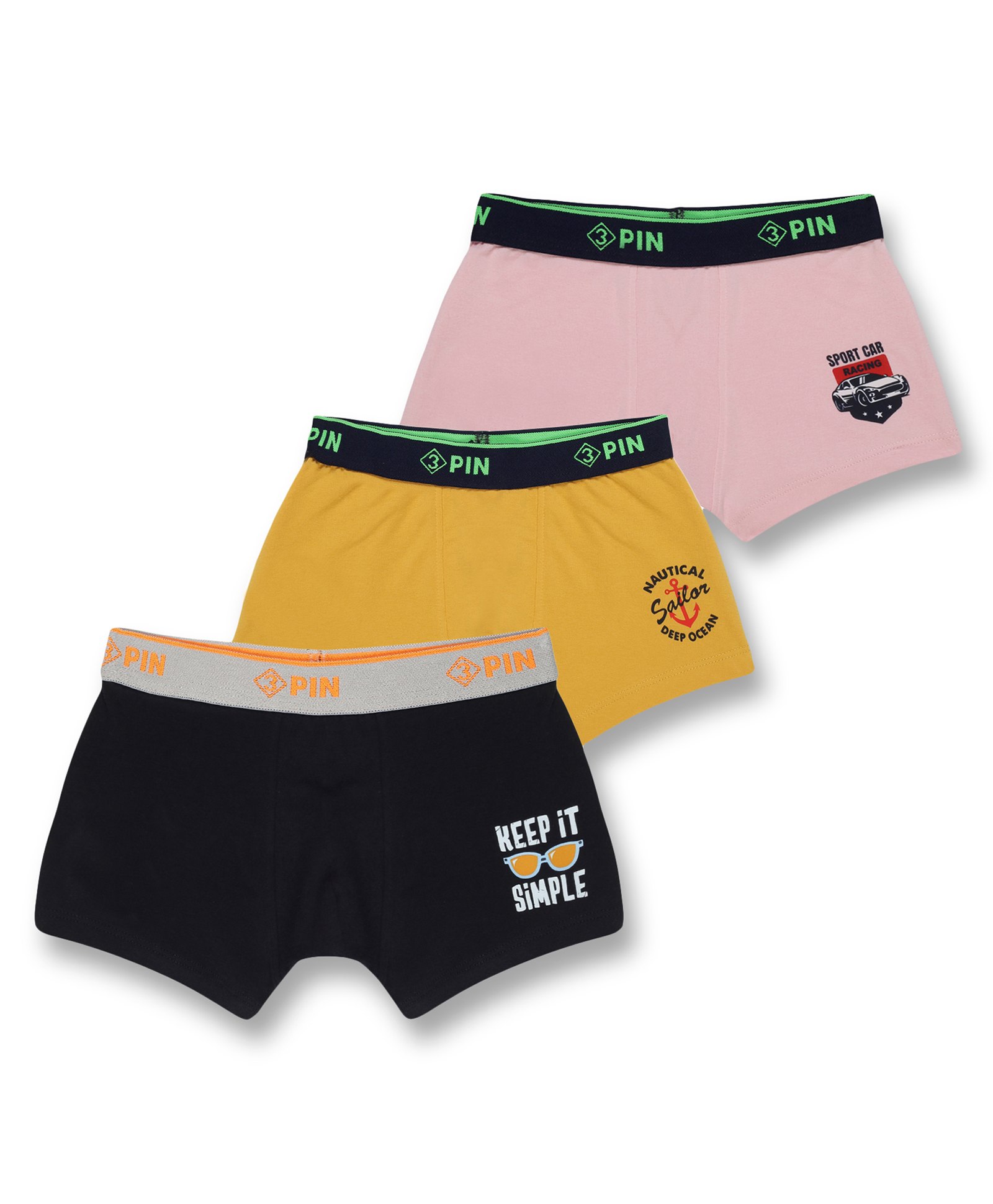 3PIN Cotton Elastane Pack of 3 Printed Trunks - Black Green & Pink-image-18