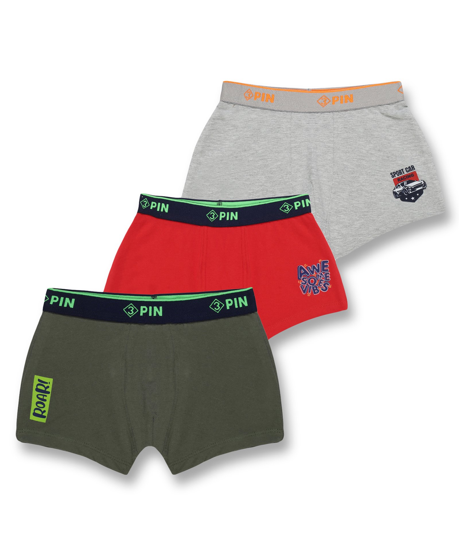3PIN Pack Of 3 Cotton Elastane Car Racing Theme & Text Printed Trunks - Green Red & Grey-picture-20