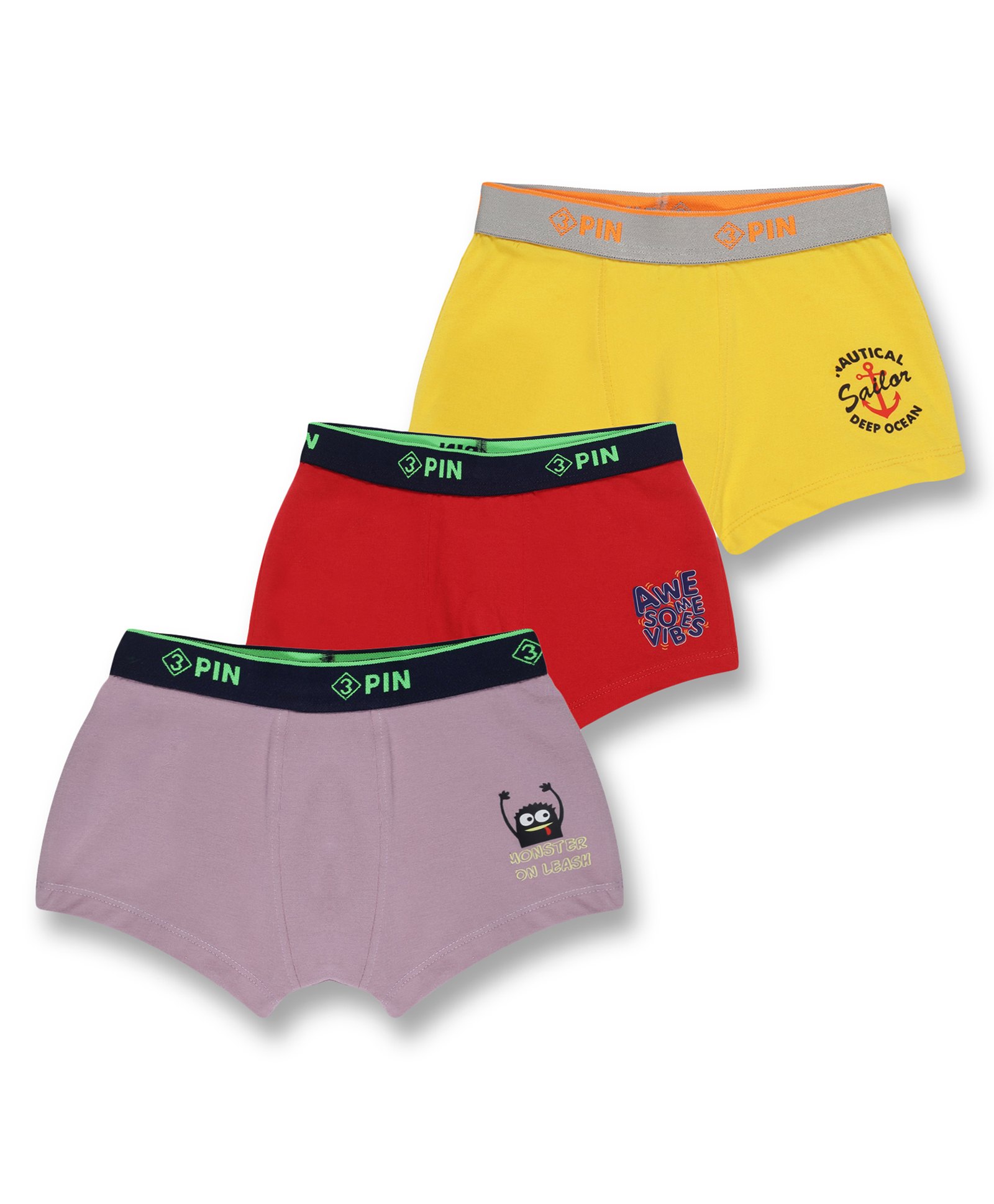 3PIN Pack Of 3 Cotton Elastane Awesome Vibes Text & Nautical Theme Printed Trunks - Purple Red & Yellow-image-35