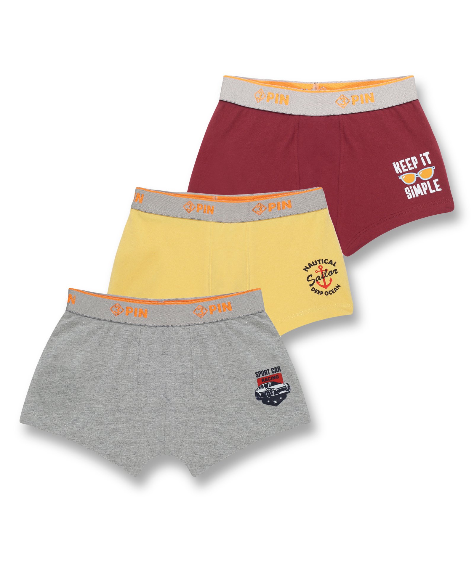 3PIN Pack Of 3 Cotton Elastane Car Racing & Nautical Theme Printed Trunks - Yellow Maroon & Grey-image-28