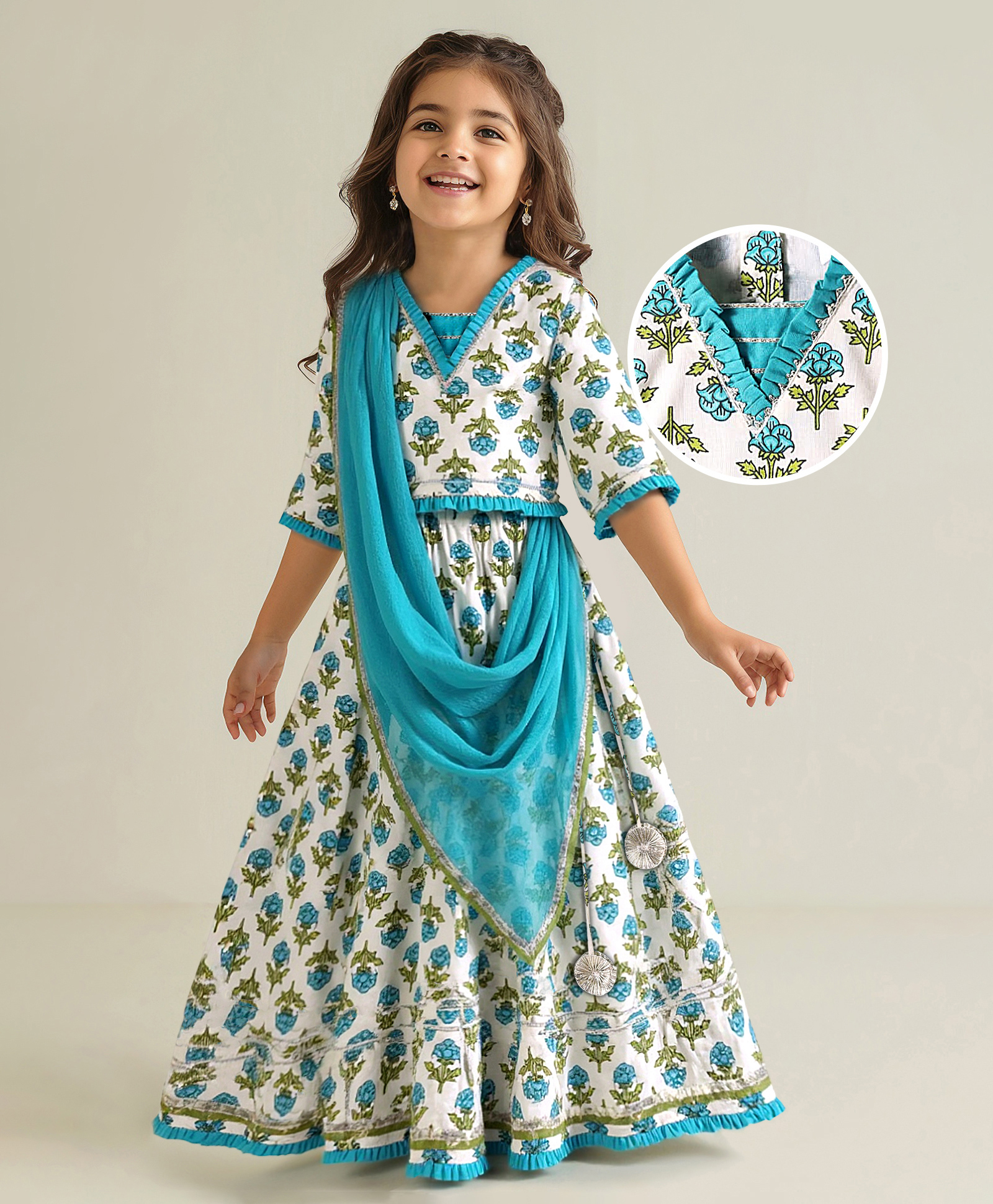 Babyhug Cotton Cambric Woven Three Fourth Sleeves Floral Printed Choli Lehenga Set with Dupatta- Offwhite-picture-15