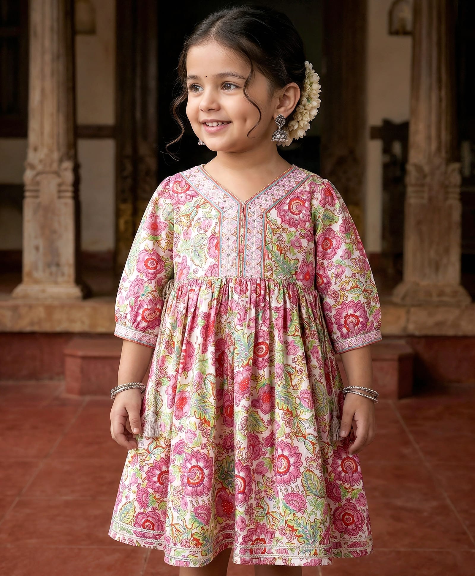 Babyhug Cotton Woven Three Fourth Sleeves Ethnic Dress With Floral Print - Pink-image-30