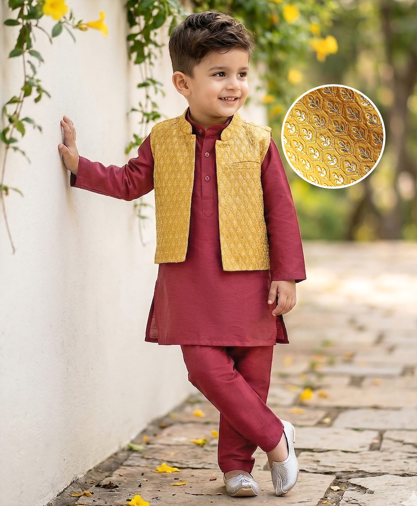 Babyhug Woven Full Sleeves Solid Kurta Pajama & Floral Embroidered Jacket Set - Maroon-picture-24