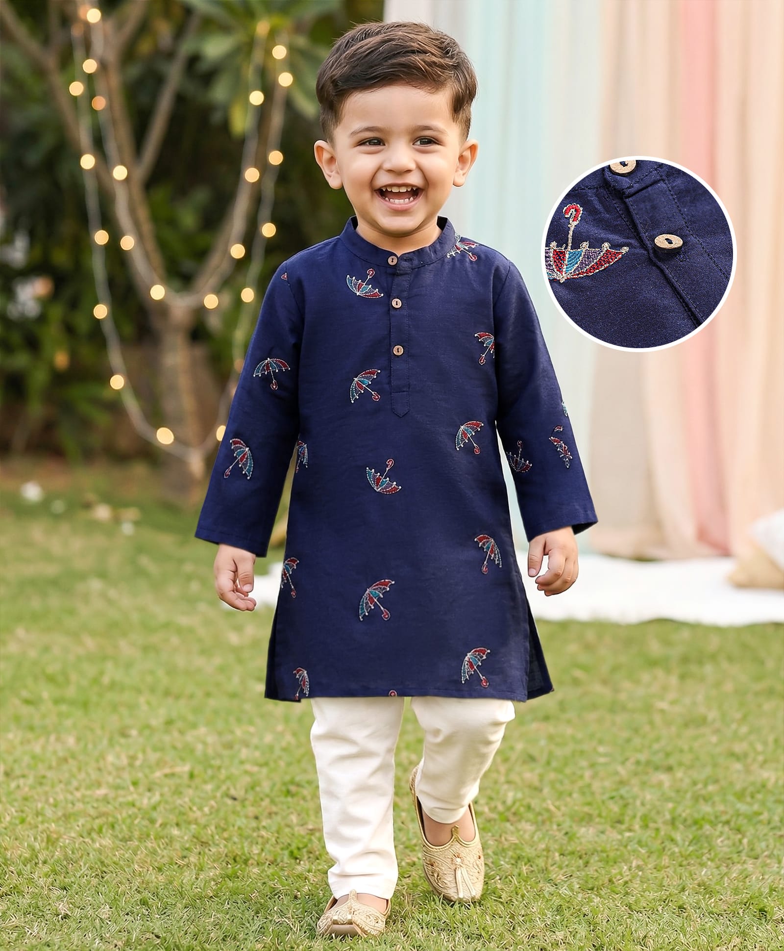 Babyhug Woven Full Sleeves Kurta Pyjama Set with Umbrella Embroidery - Navy Blue-image-22