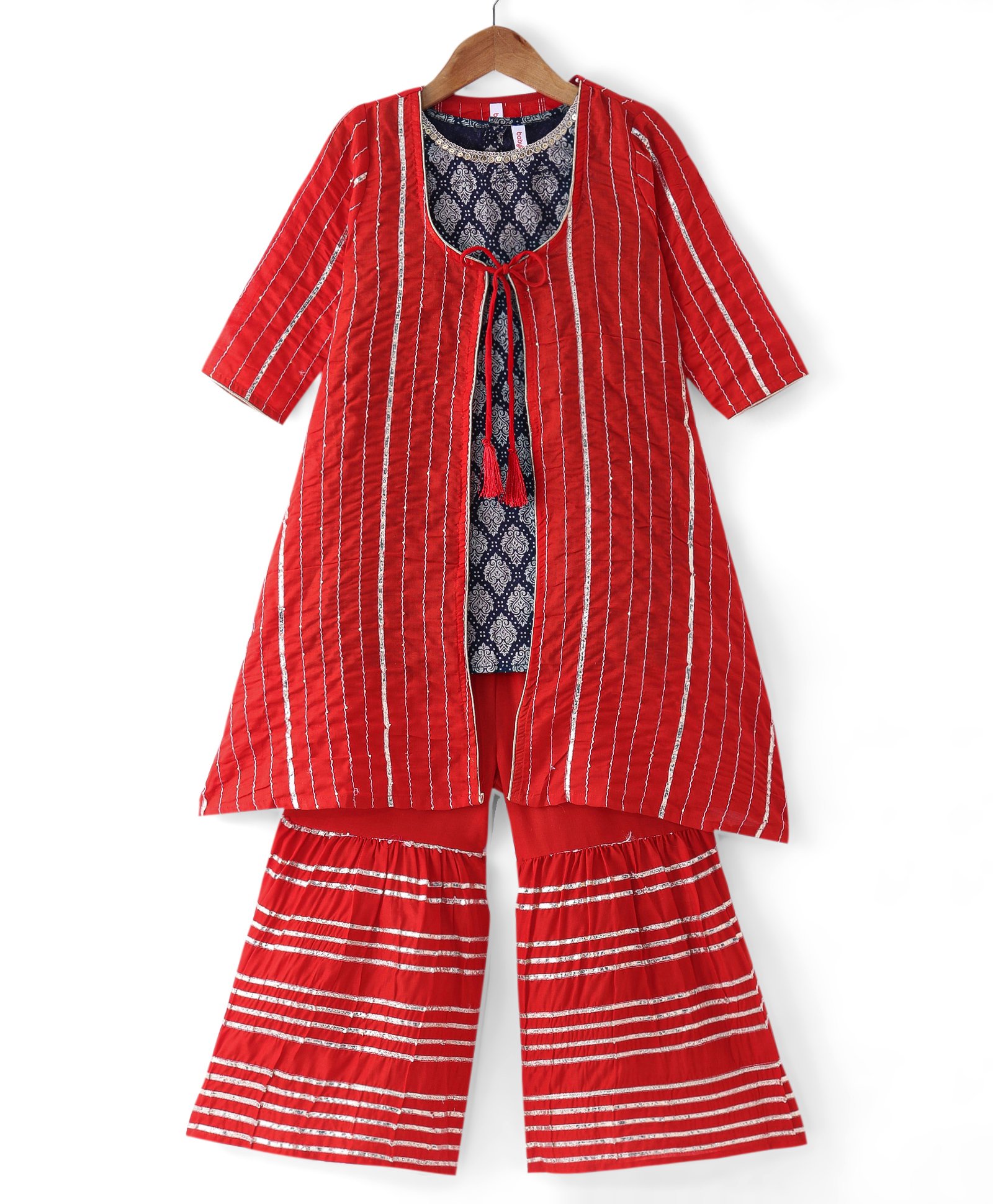 Babyhug Woven Foil Printed Kurti With Lurex Pintucked Gharara and Three Fourth Sleeves Jacket Set - Red & Navy-image-7