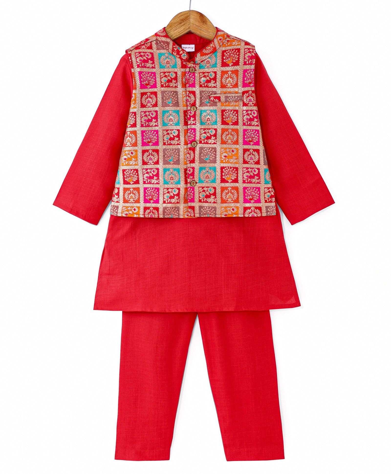 Babyhug Cotton Woven Full Sleeves Solid Kurta Pyjama Set with Sequin Embroidered Jacket - Red-picture-26