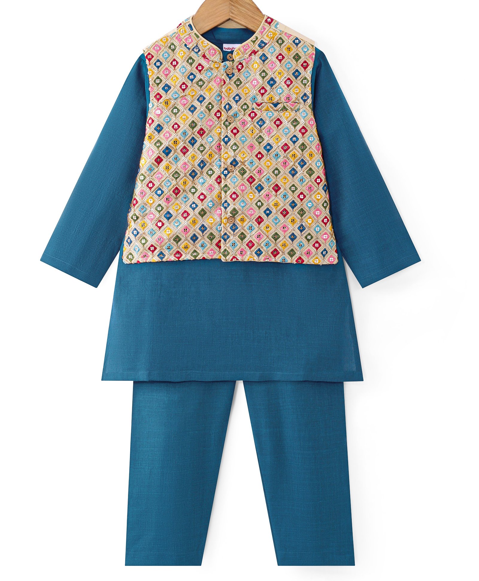 Babyhug Woven Full Sleeves Solid Kurta Pyjama Set With Sequins Embroidered Jacket - Teal Blue-image-31