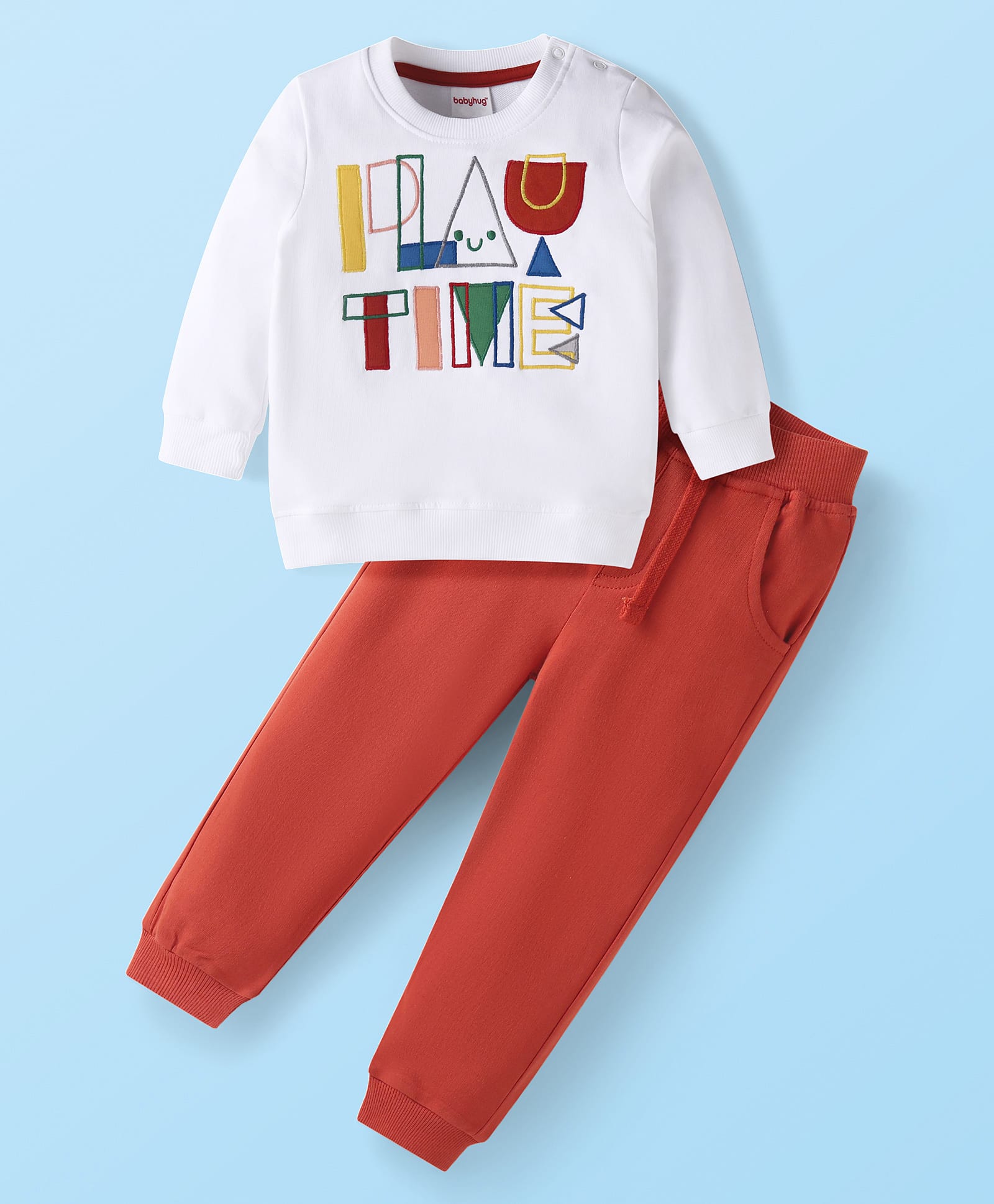 Babyhug Terry Knit Full Sleeves Text Embroidered T-Shirt & Joggers Set - Red & White-picture-11
