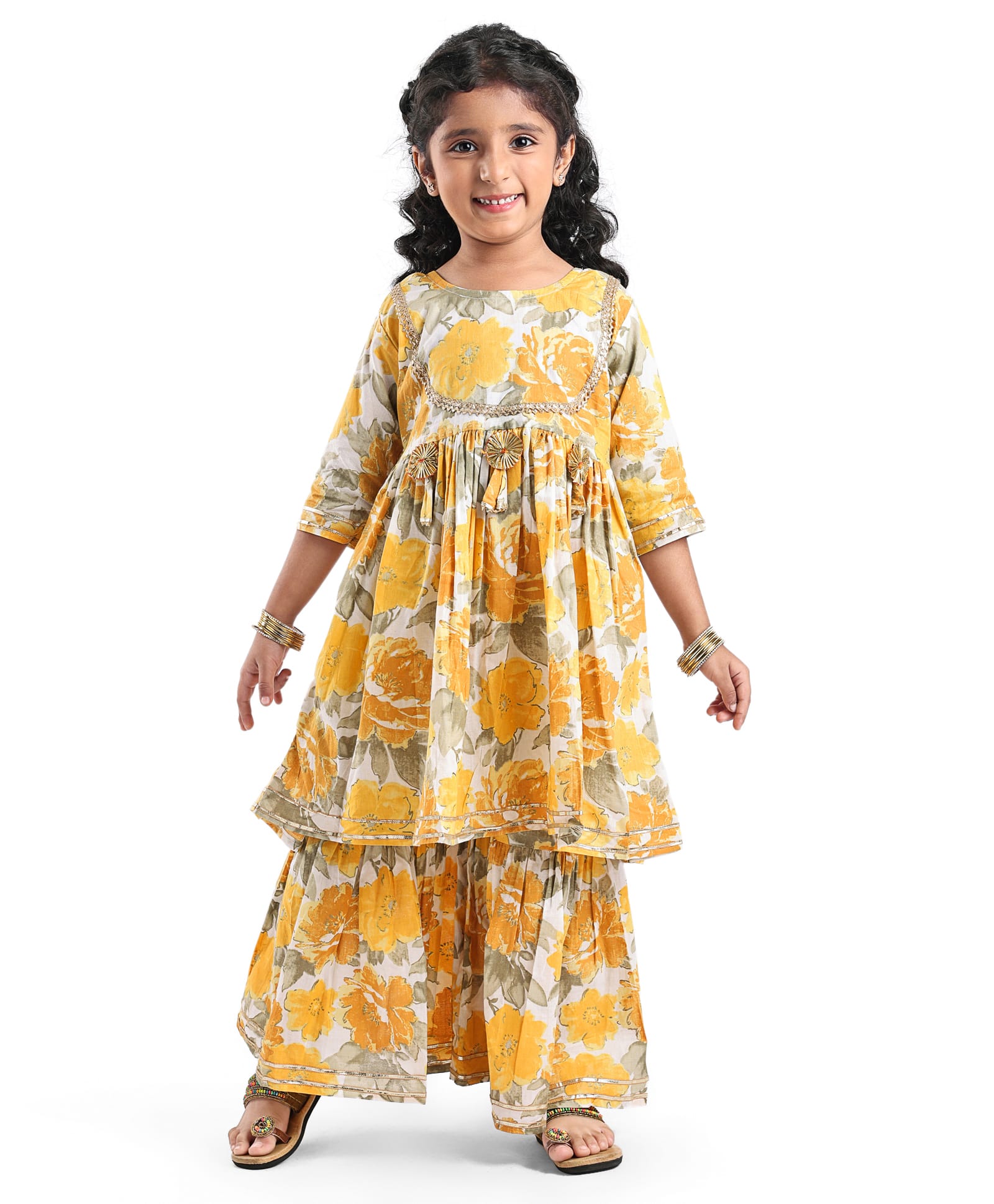 Teentaare Cotton Woven Three Fourth Sleeves Embroidered Kurta & Gharara Set Floral Print - Blue-image-8